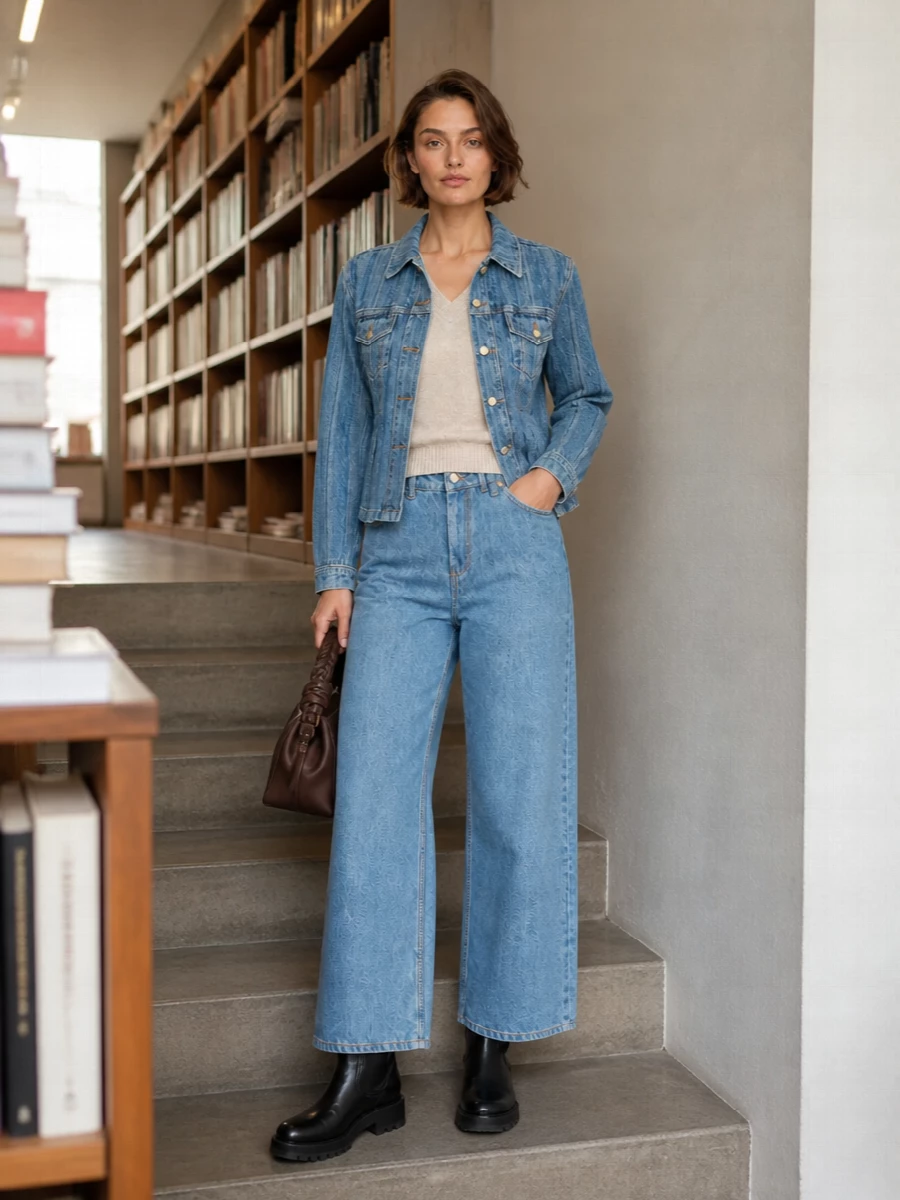 Ganni denim jacket wide leg jeans knee boots