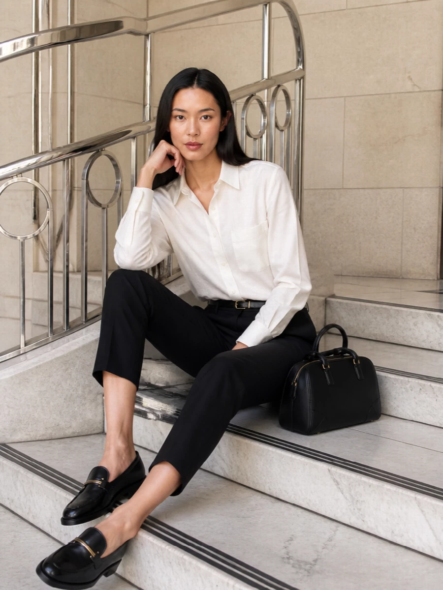 Michael kors black trousers ivory shirt outfit
