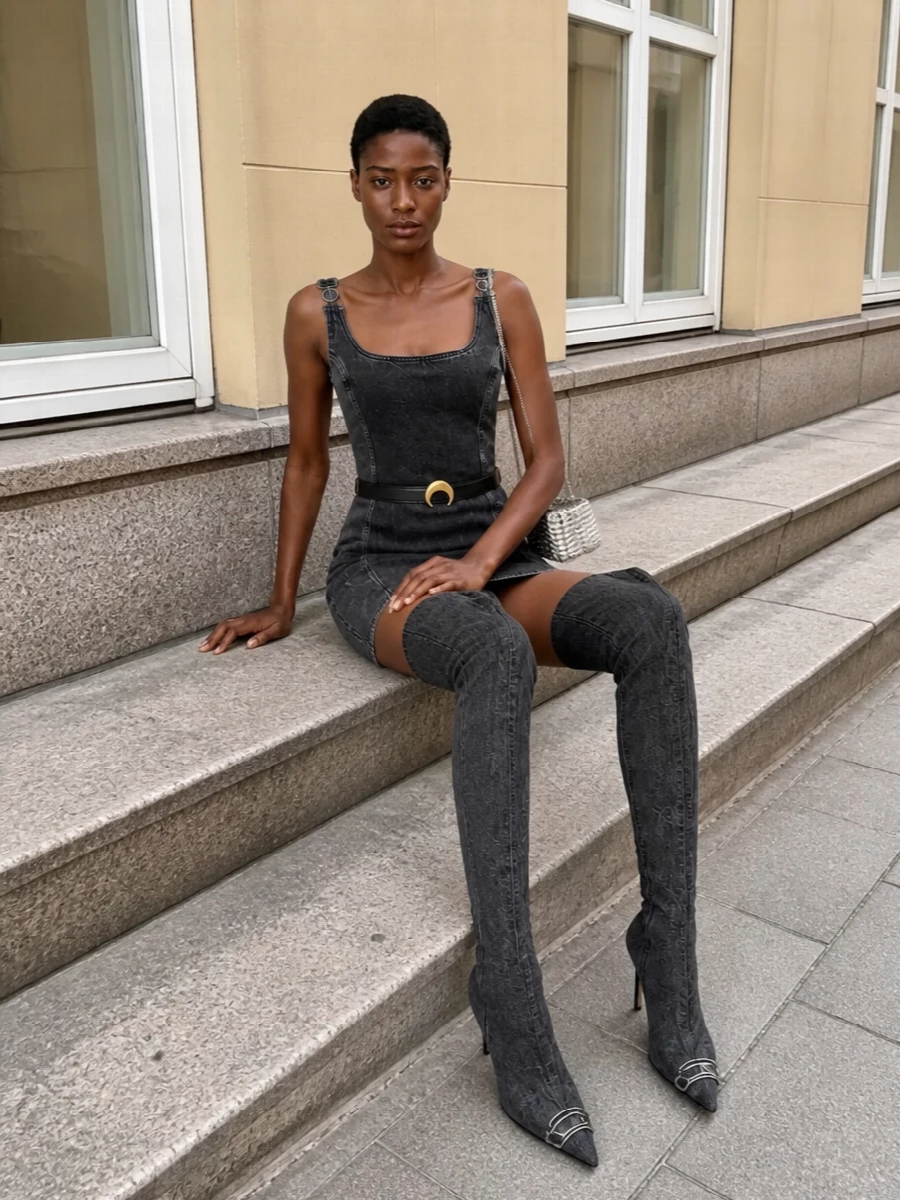 Marine serre denim mini dress thigh high boots