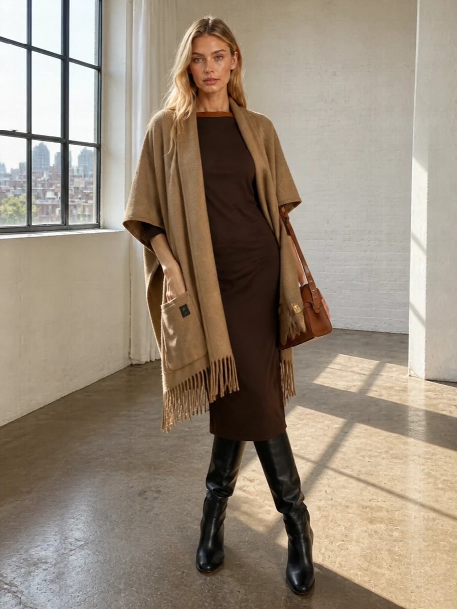 Ferragamo cape with chocolate midi dress