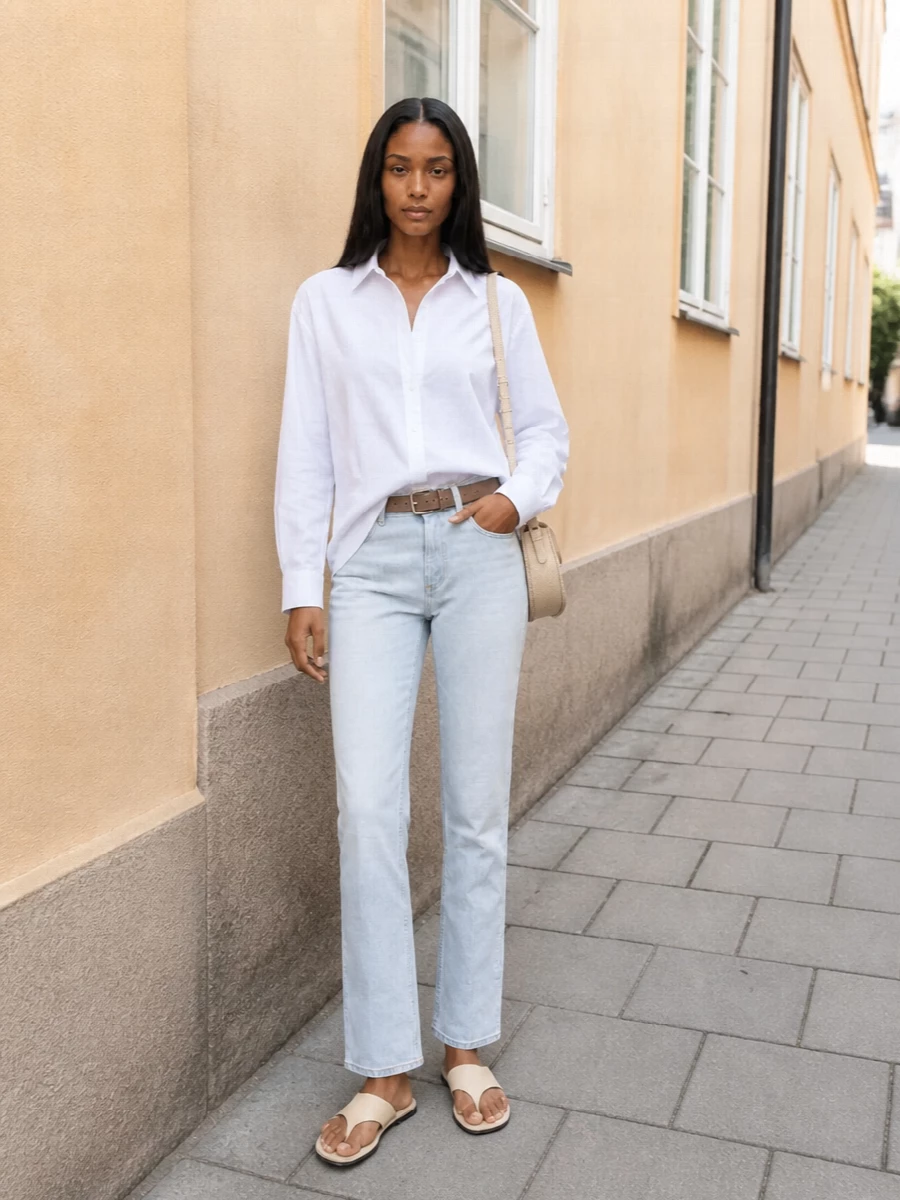 Dondup light wash jeans white shirt apc bag