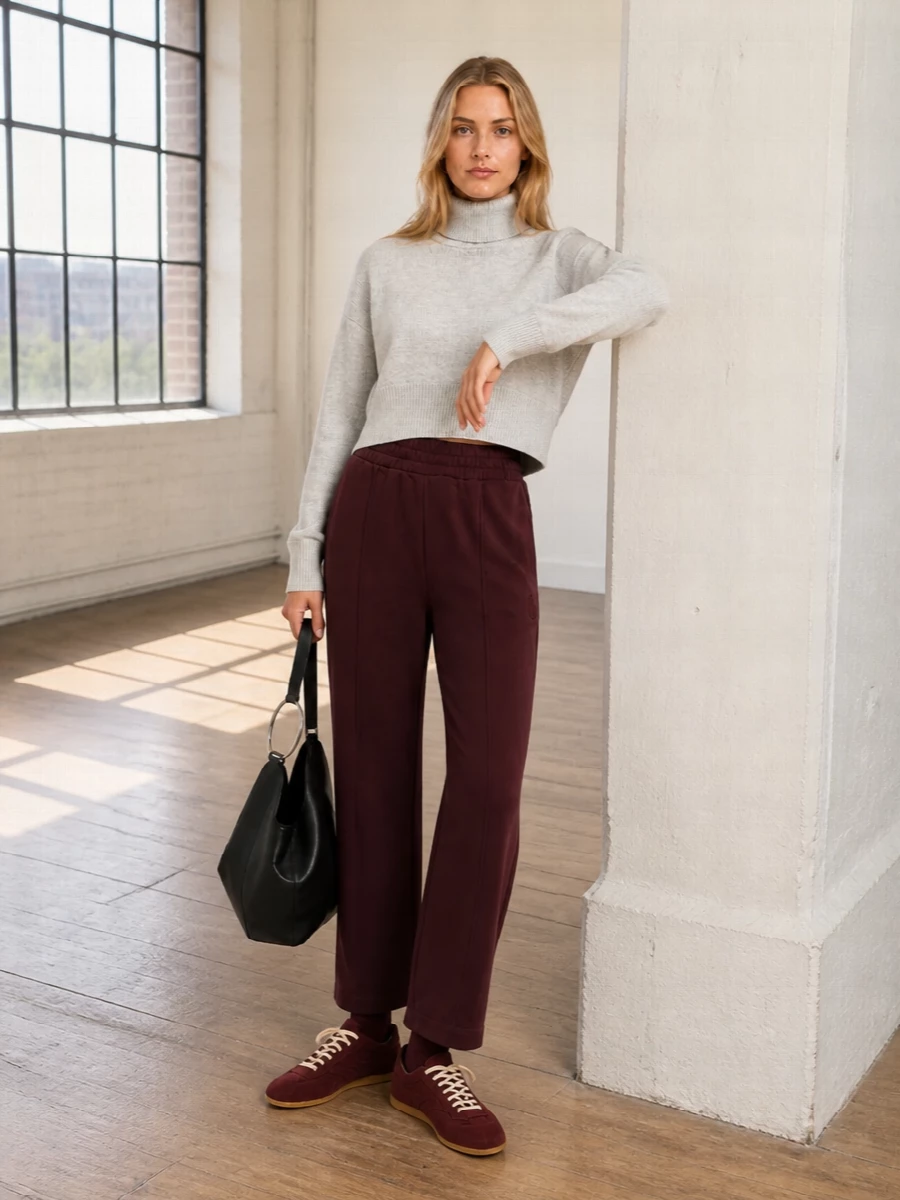 Dondup burgundy joggers grey turtleneck dries sneakers