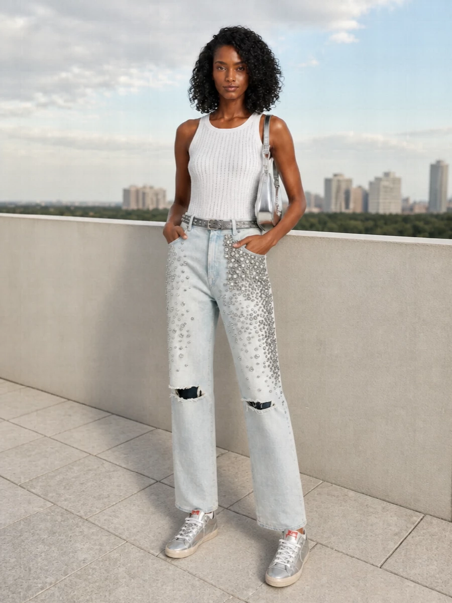 Golden goose crystal jeans silver sneakers outfit
