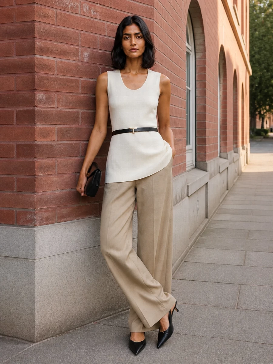 Toteme ivory tunic camel wide leg trousers outfit
