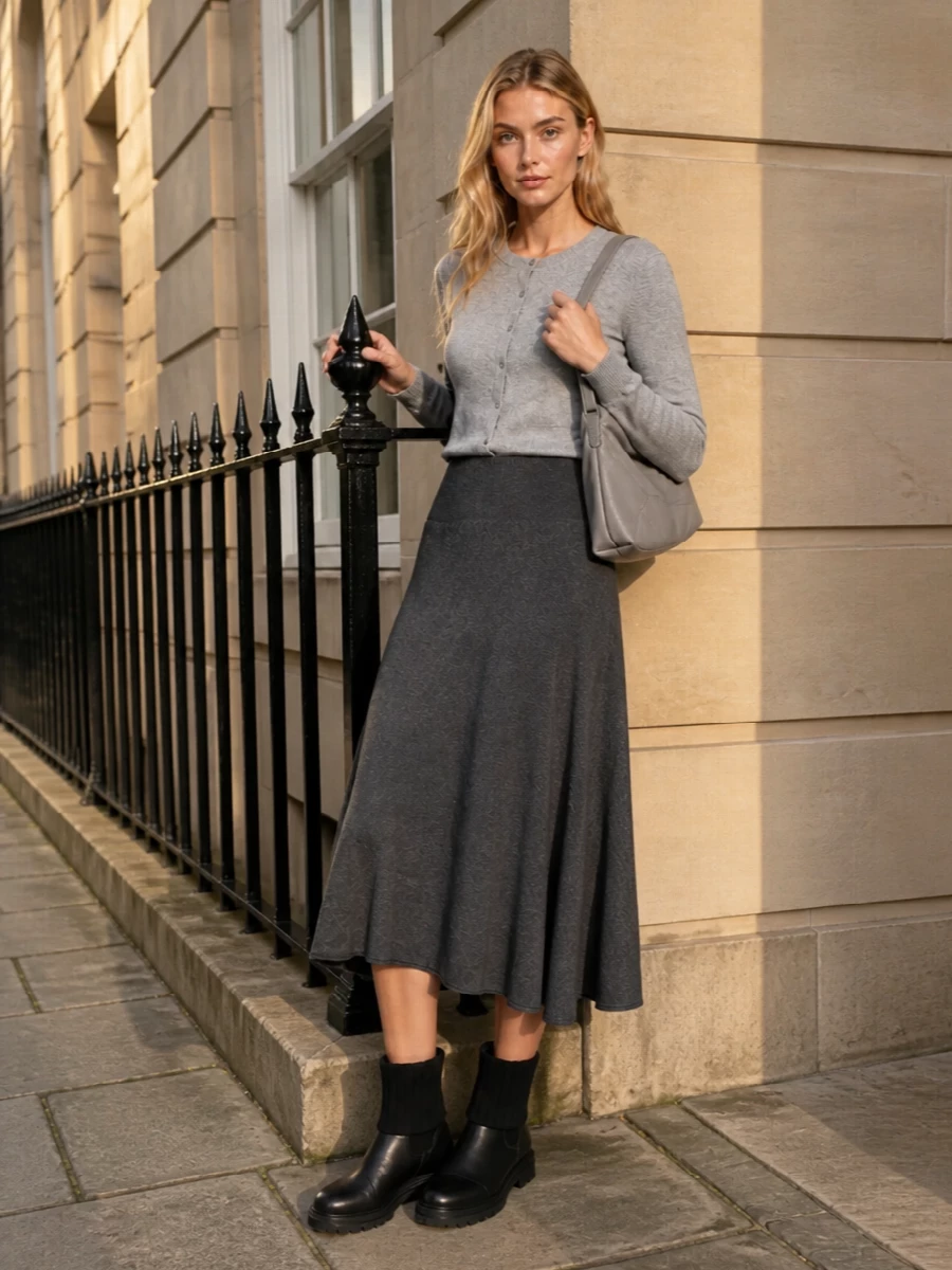A soft heather-grey cardigan tucked into the charcoal flared knit skirt creates a quiet column that feels considered but relaxed. Chunky black ankle boots add just enough weight, while the steel-grey shoulder bag keeps everything firmly in the minimalist, tonal lane. The result is a knit-focused outfit you can take from working mornings to understated dinners without changing a piece.