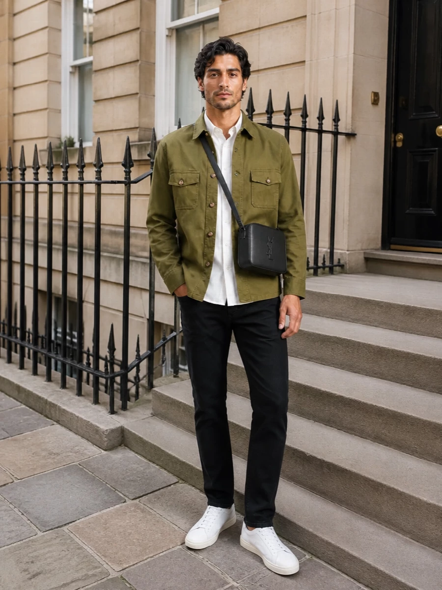 Saint laurent olive shirt jacket black jeans outfit