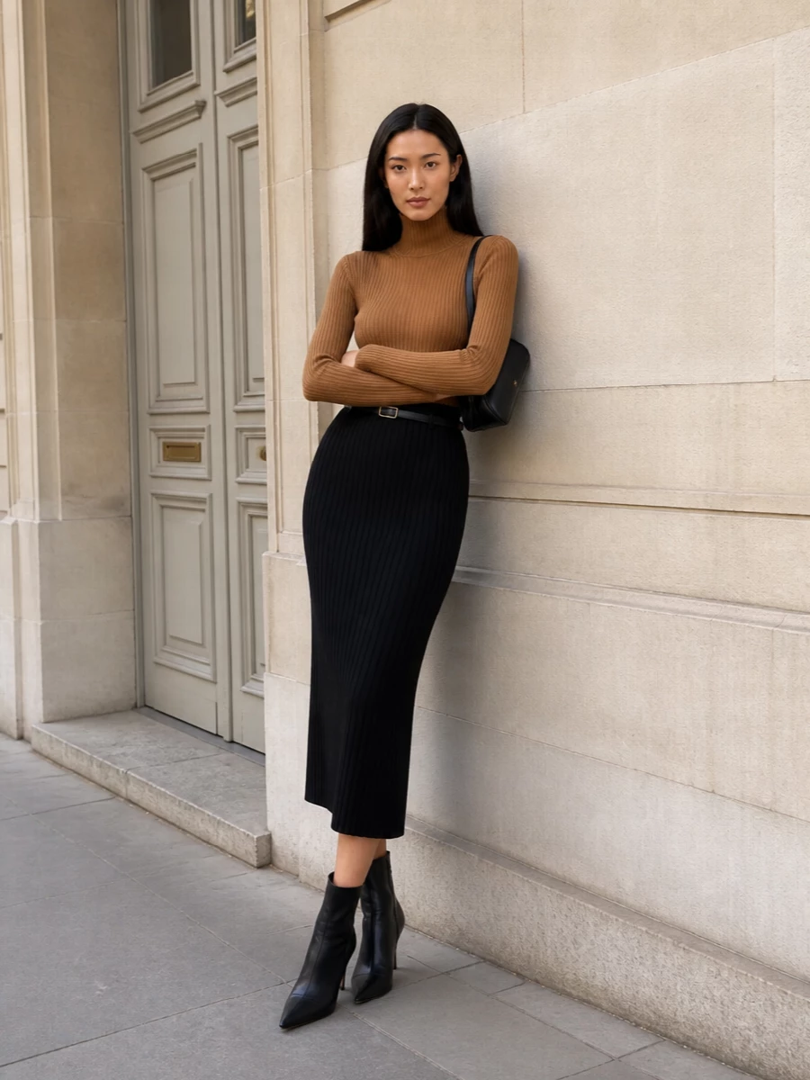Minimalist black ribbed midi skirt outfit