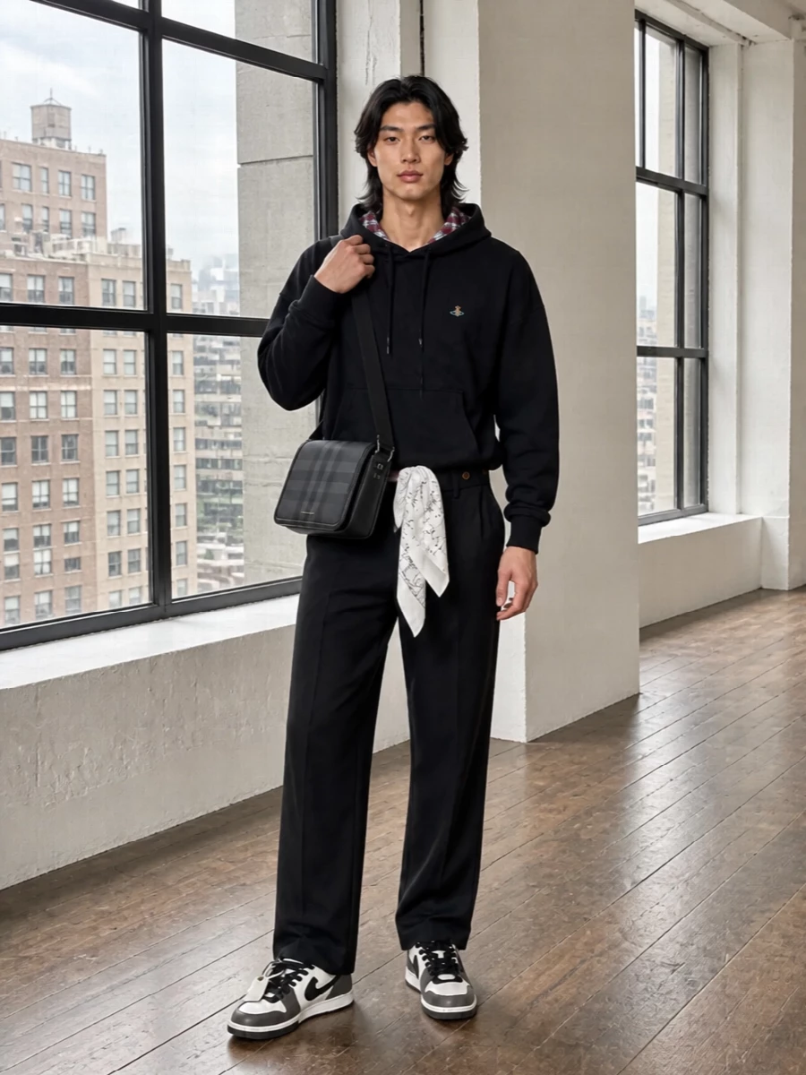 A black Orb hoodie sits over sharp black straight-leg trousers for a street-preppy mix that reads clean but quietly subversive. Monochrome Off-White sneakers keep the energy graphic, while a structured black crossbody and a small astrological scarf add just enough considered detail for city days and low-key nights.