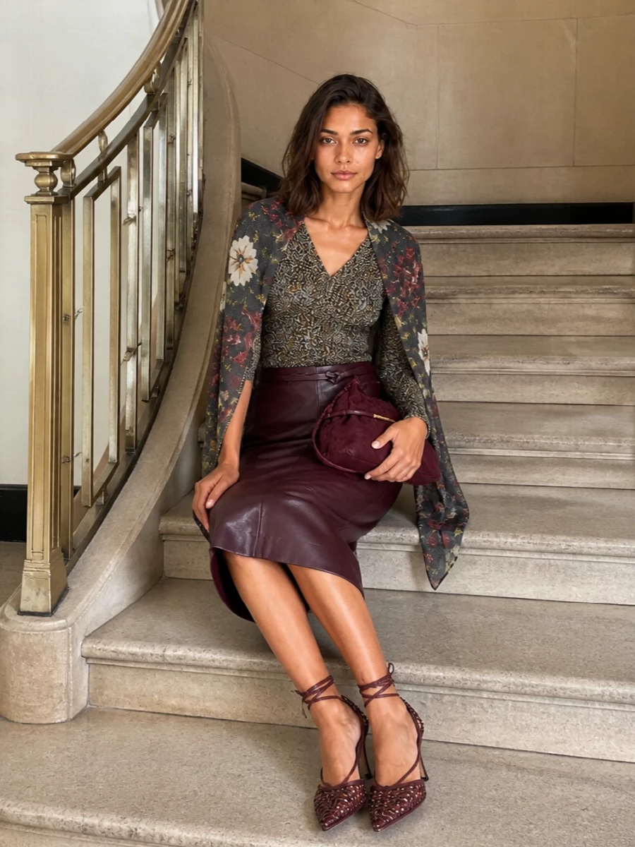 Alberta Ferretti’s shimmering floral knit is grounded by the deep burgundy leather pencil skirt, creating a long, sculpted line that feels sensual but controlled for city evenings. Bordeaux stilettos and a plush matching clutch pick up the knit’s gold and icy highlights without breaking the black-brown palette, keeping everything in the same quietly opulent register. A sheer floral scarf is a poetic final touch if you want a little extra romance around the neckline without adding bulk.