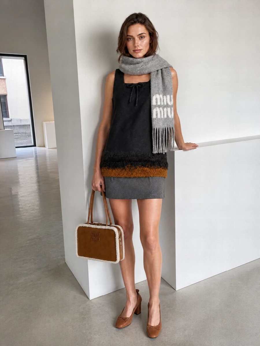 Miu miu tunic charcoal mini skirt caramel bag