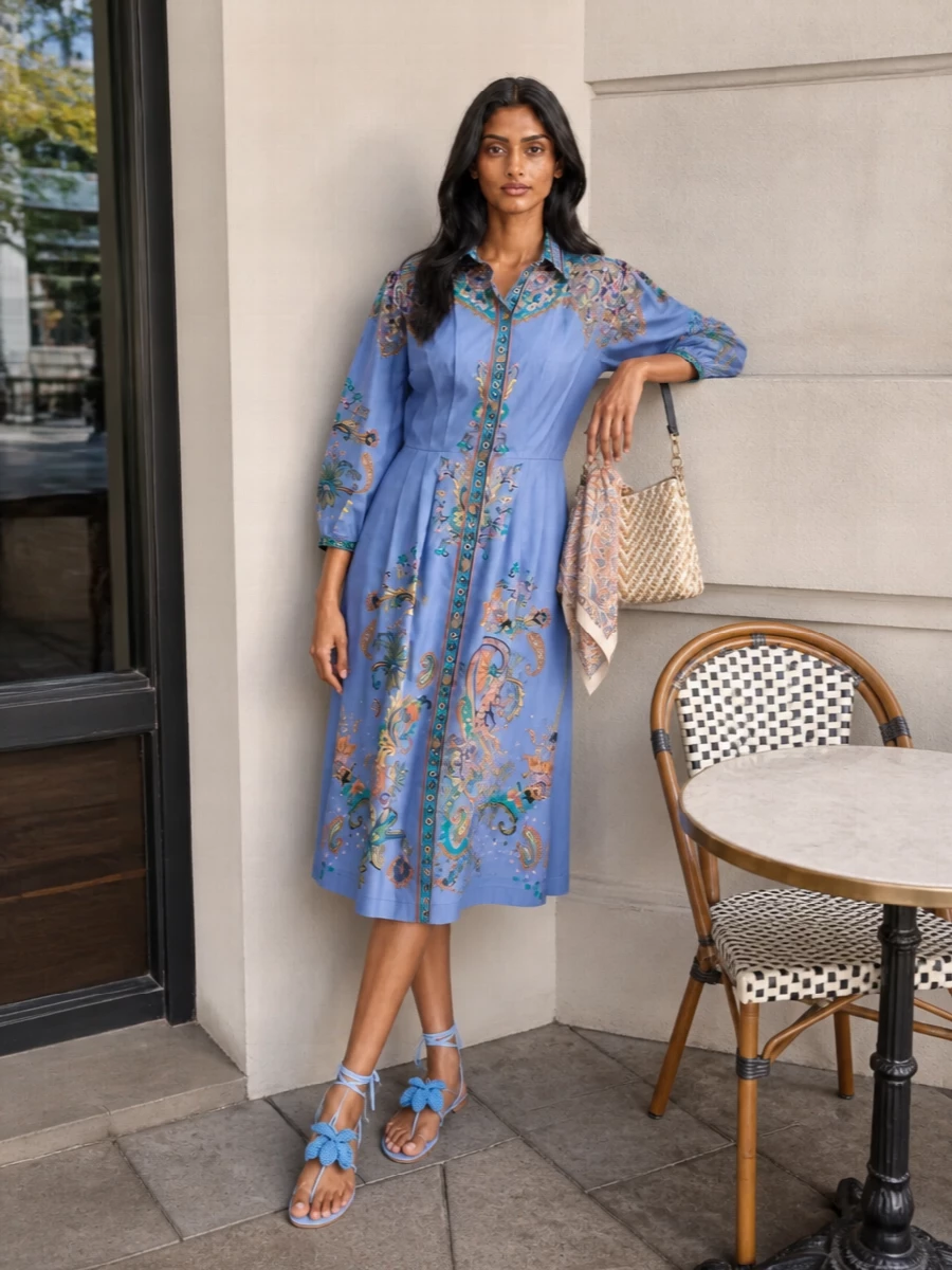 Cornflower paisley, powder-blue sandals and a woven neutral top handle create a soft, romantic city ensemble that still feels considered enough for garden lunches or terrace dinners. The flat sandal keeps the pleated midi silhouette easy and modern, while the structured raffia bag and a whisper of paisley at the scarf finish it with relaxed Italian polish. Wear the scarf tied to the bag by day, then at the neck as the sun drops for a little extra color near the face.