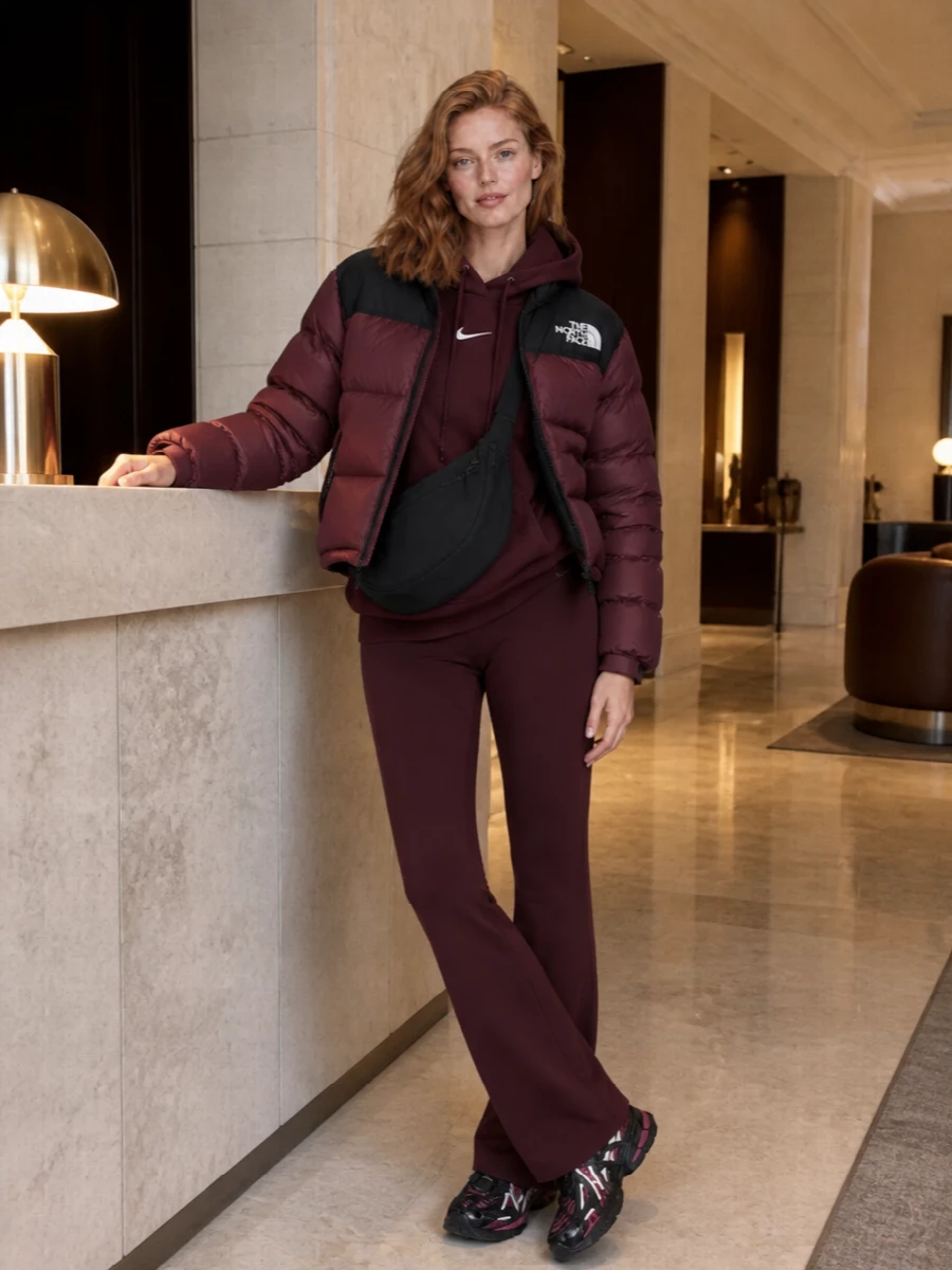 North face puffer nike burgundy leggings outfit