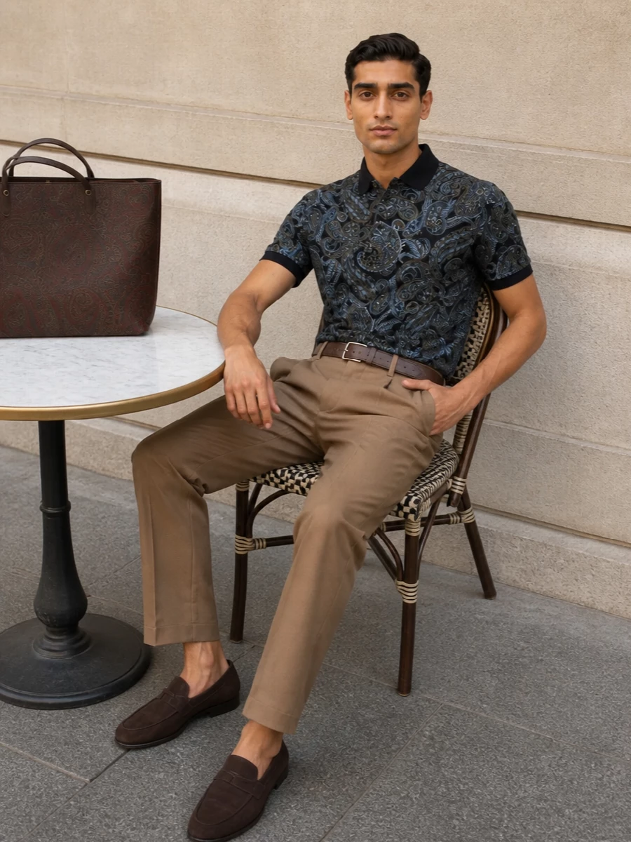 Etro’s inky paisley polo is paired with warm camel pleated trousers for a smart off duty take that feels relaxed but precise. Dark chocolate suede loafers keep the line clean and refined, while the paisley tote and russet belt pick up the print story in quieter, autumnal notes. The result is an easy, quietly luxurious combination that works from city brunch to informal dinners.