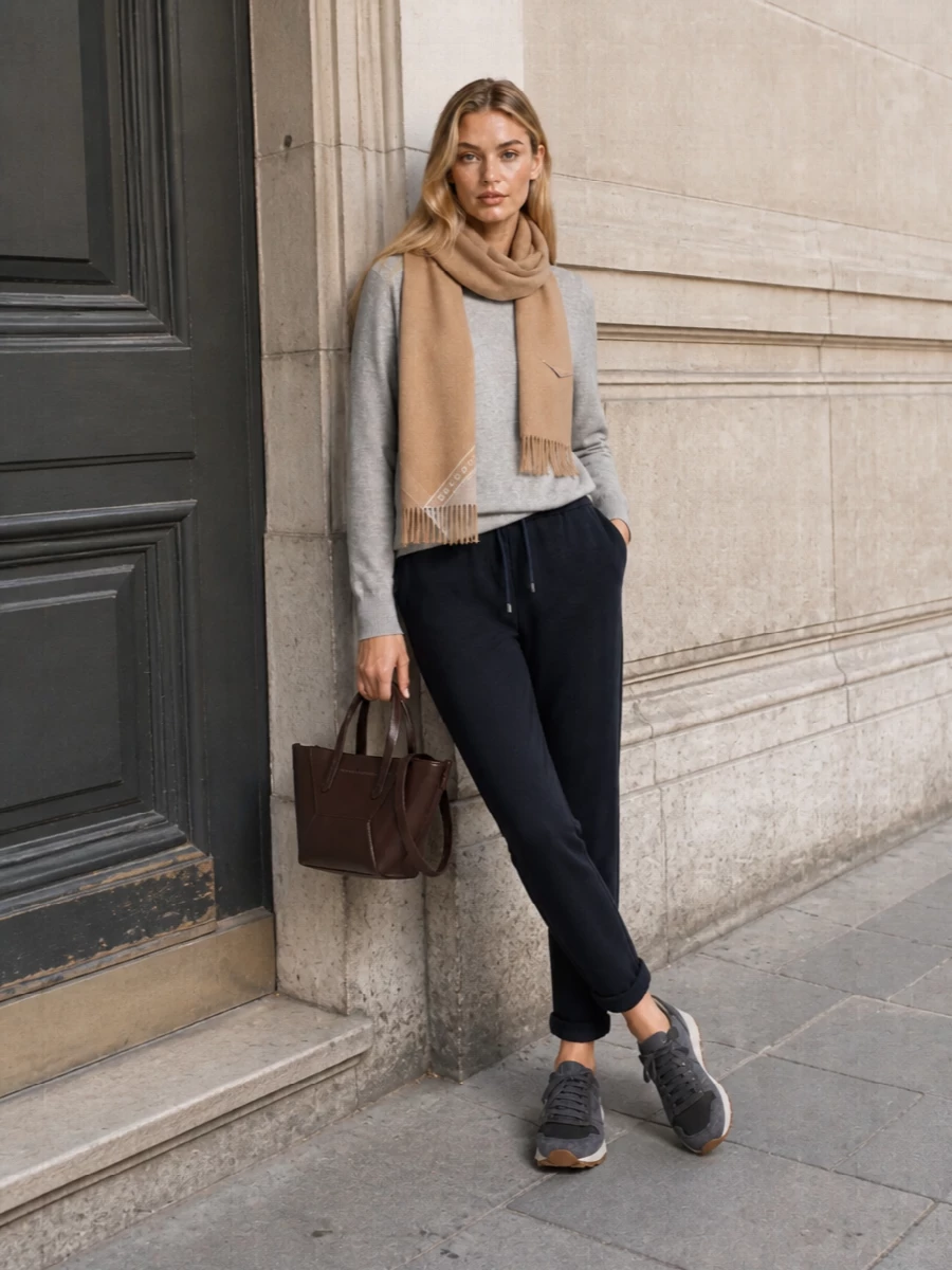 Ink-navy knit track pants pair with the heather-grey Brunello crew for a refined take on loungewear that still feels pulled together, the slightly cropped knit giving just enough structure to the relaxed bottom. Charcoal runners keep the mood quietly sporty and practical, while the small mahogany tote and camel-cream scarf introduce warm, luxurious notes that complete an effortless, elevated travel or off-duty look.