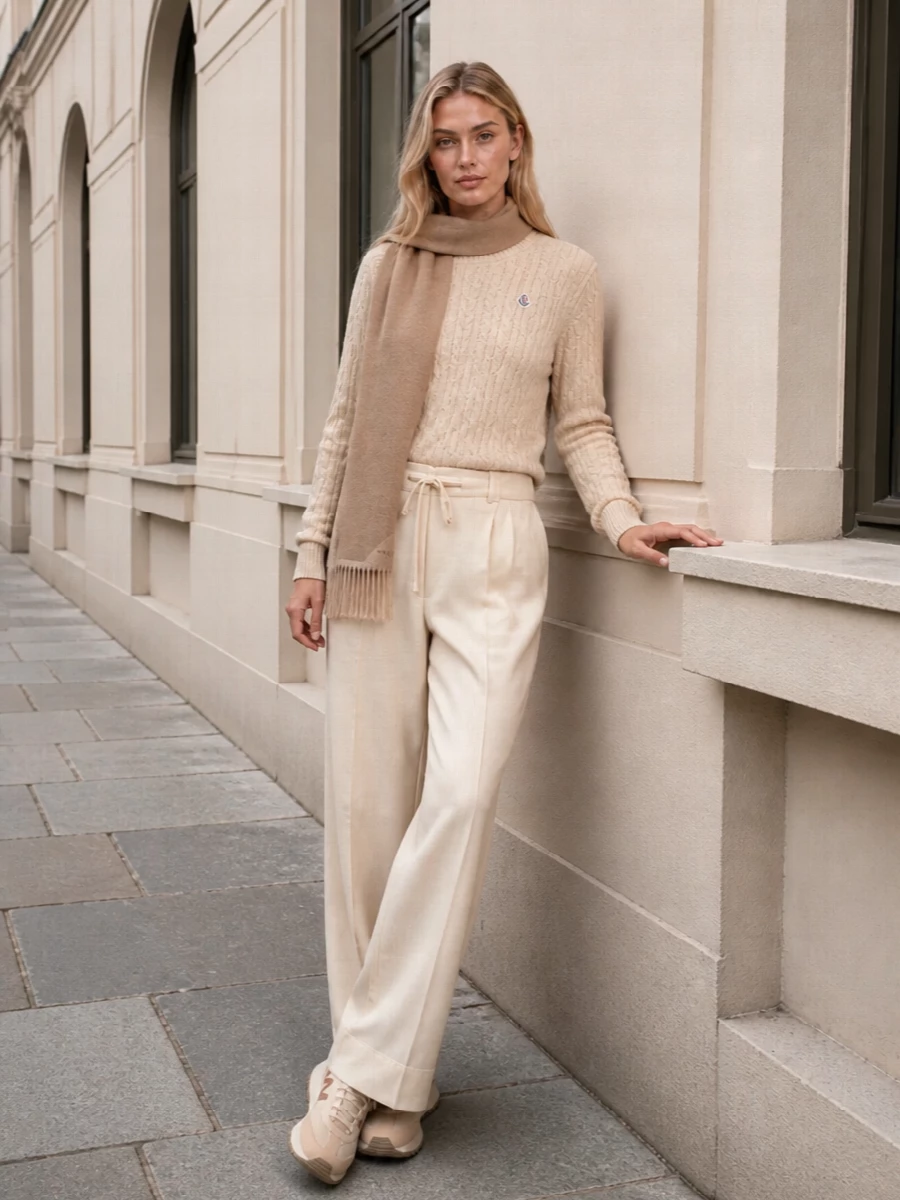 Moncler beige jumper cream wide leg trousers