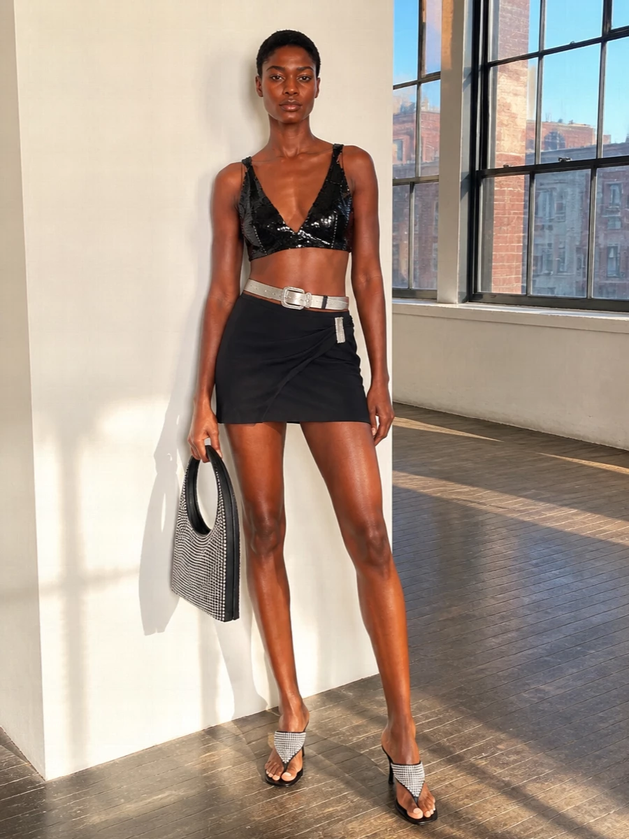 A high-impact night-out edit where the sequin bralette does the talking and the sharp black mini simply sculpts the silhouette. Rhinestone mules and a crystal grid bag pick up the light in a more directional way, while a mirrored belt slices cleanly through the black-on-black for a precise Y2K edge. It is pure club energy but still reads intentional and composed rather than costume.