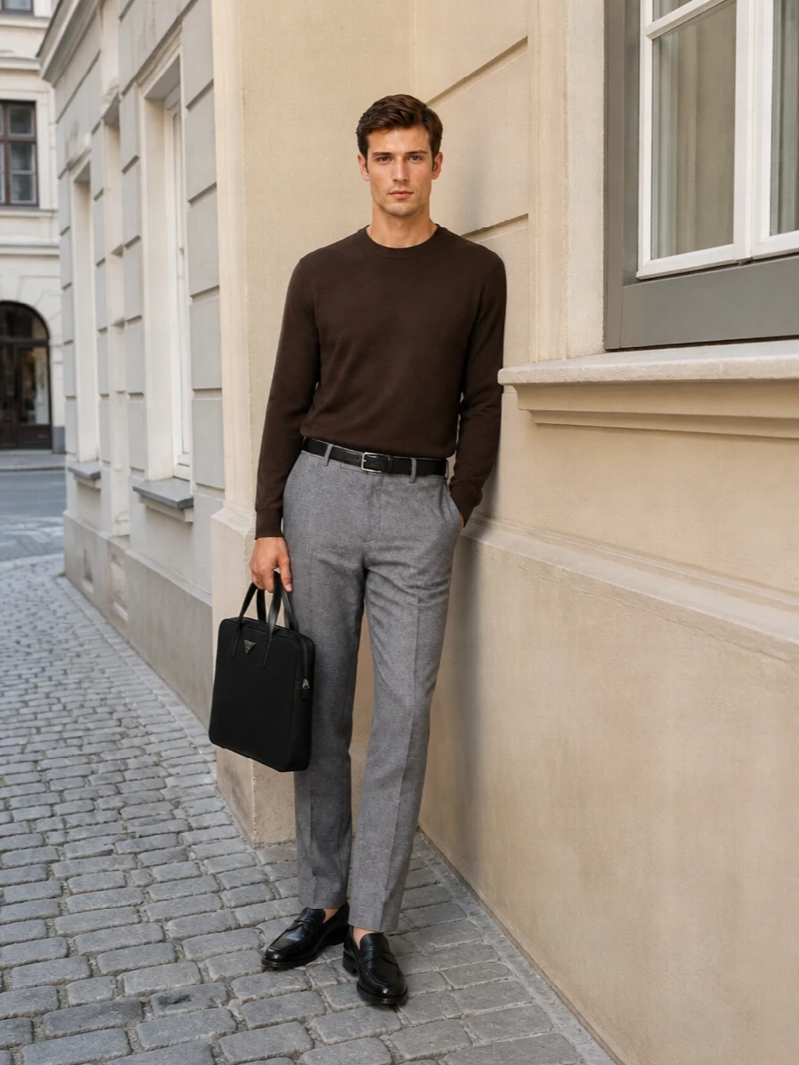 A mid‑grey herringbone trouser meets a fine chocolate knit for a quietly precise take on smart dressing. Black penny loafers and a slim briefcase sharpen the line, while a clean black belt finishes everything with low‑key structure. The palette stays deep and neutral, ideal for moving from a serious office day into an understated dinner.