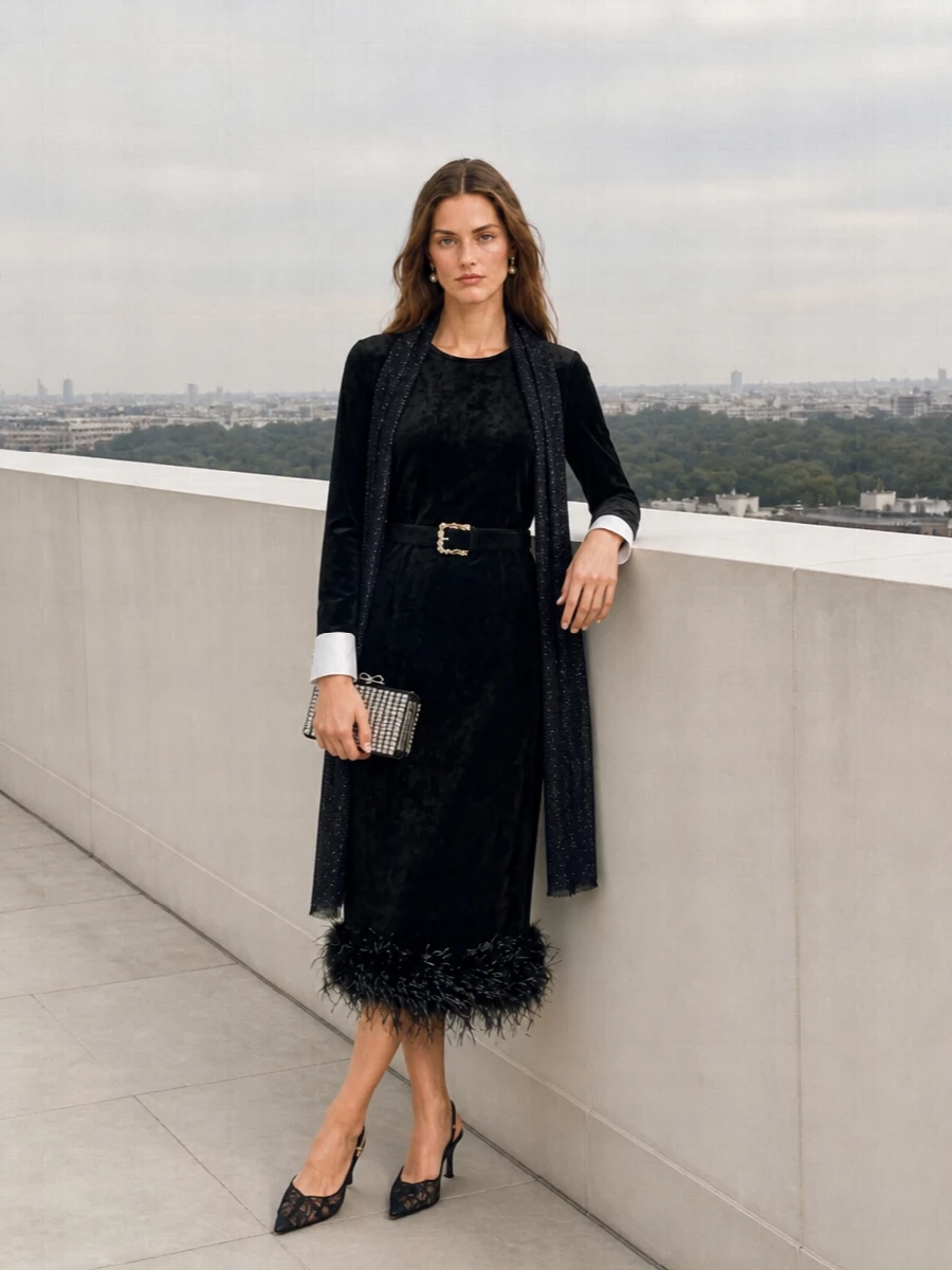 Self portrait black feather midi dress outfit