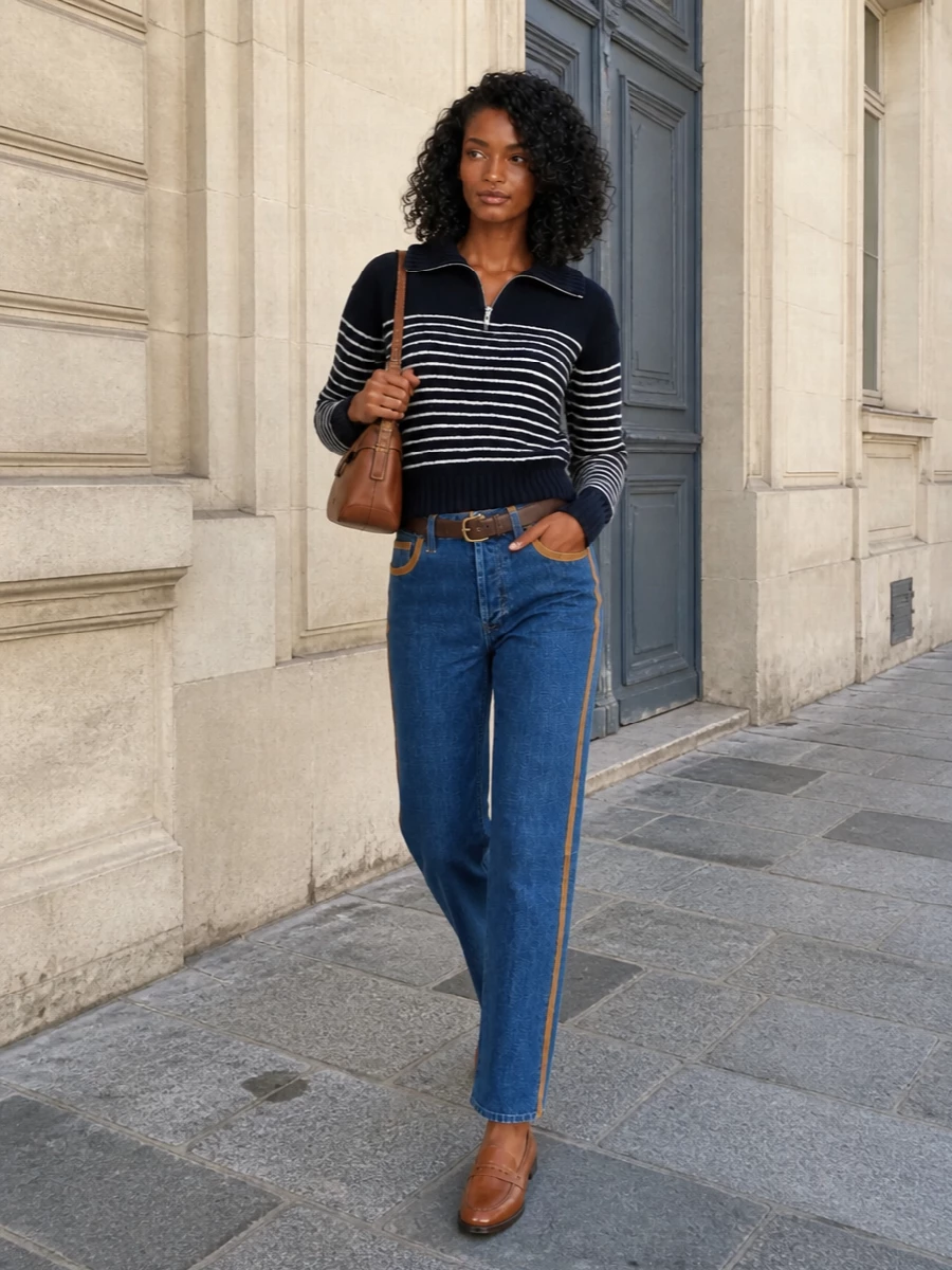 Miu miu denim outfit striped half zip loafers