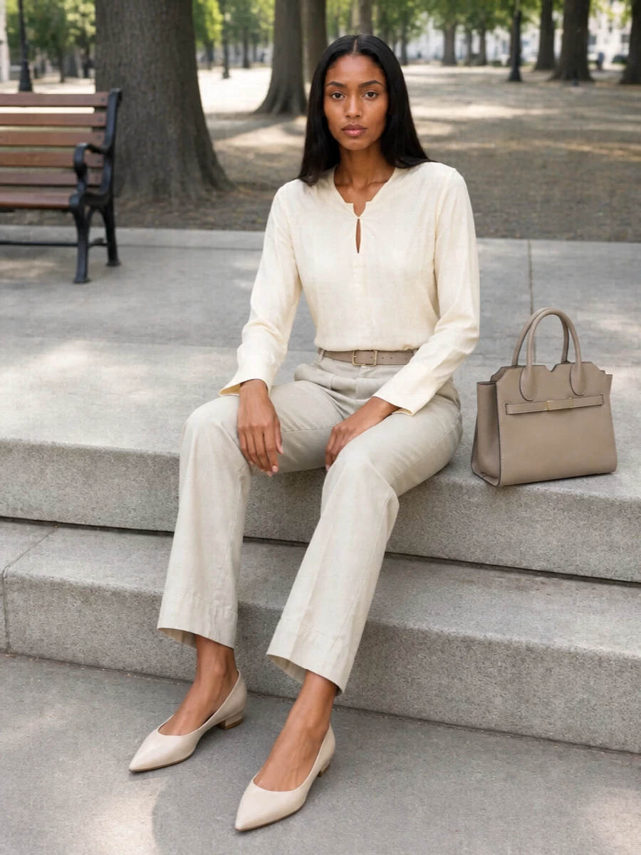 Victoria beckham beige trousers buttercream shirt outfit