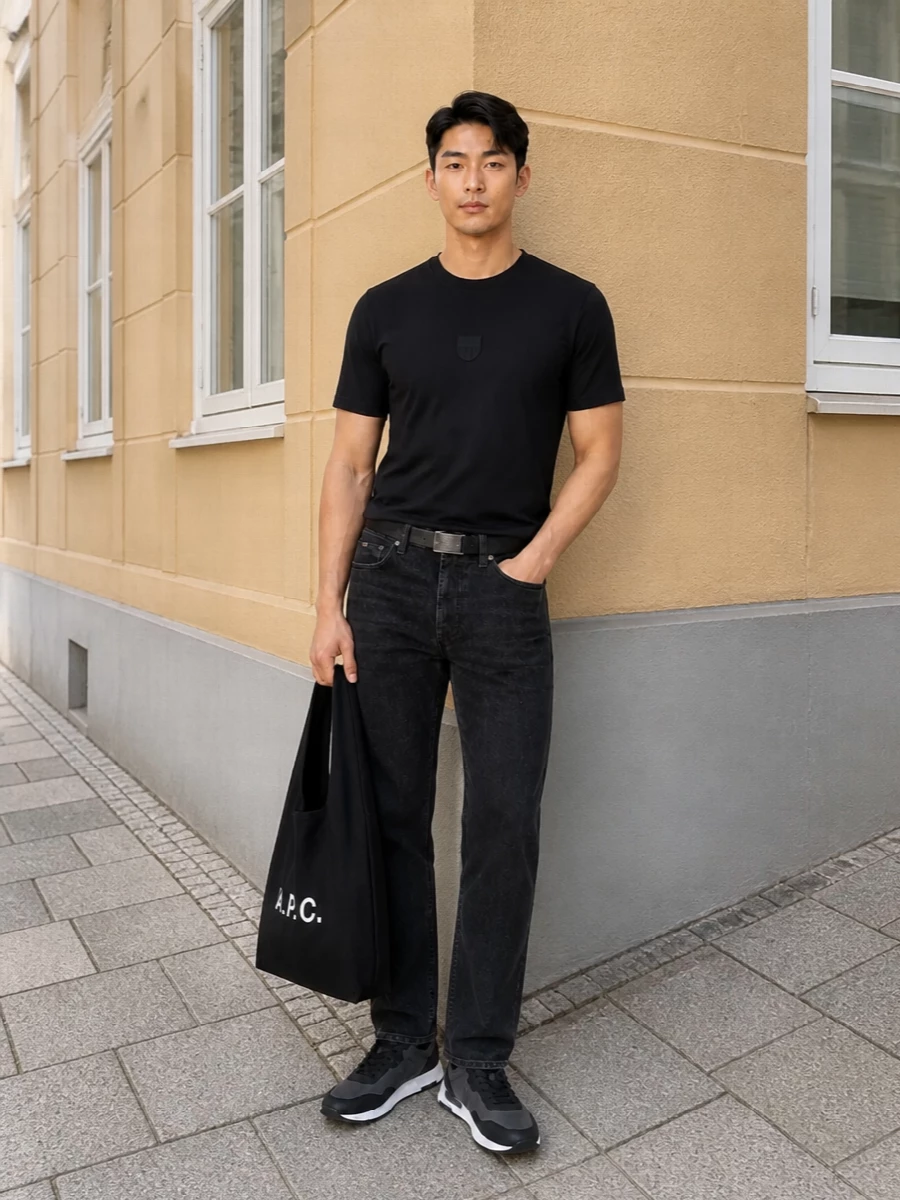 A black Boss tee and washed-black straight jeans build a clean, near-monochrome base that feels sharp but relaxed. Charcoal-toned sneakers keep the line streamlined, while the black A.P.C. tote and slim designer belt add a discreet city edge without breaking the minimalist mood.