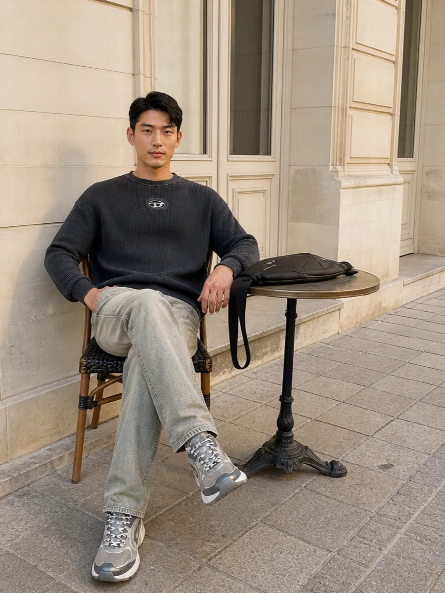 Diesel charcoal sweater grey jeans sneakers