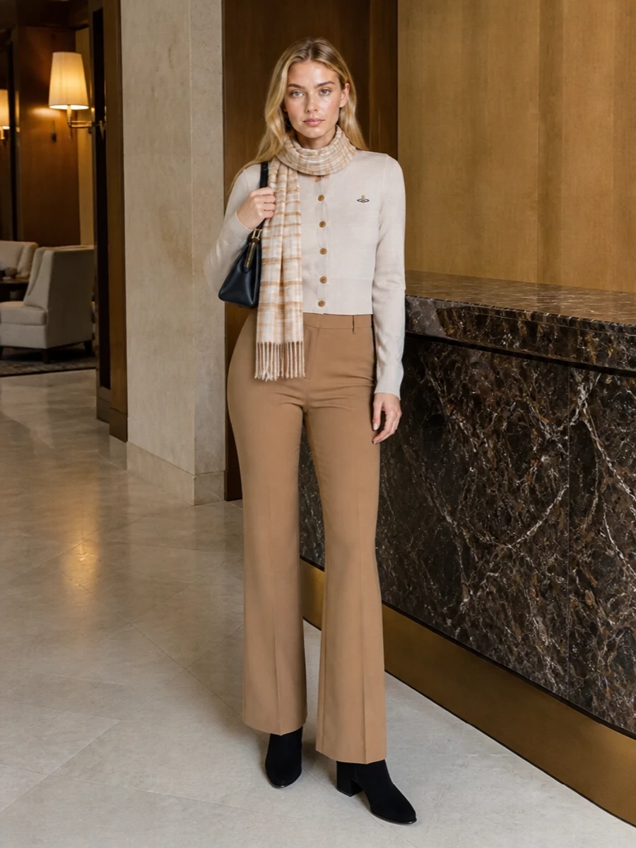 A soft beige cropped cardigan meets camel flared trousers for a refined take on preppy minimalism. Black block-heel ankle boots and a compact frame bag keep the lines sharp and grounded. A neutral checked scarf adds just enough pattern to feel intentional without disturbing the calm palette.