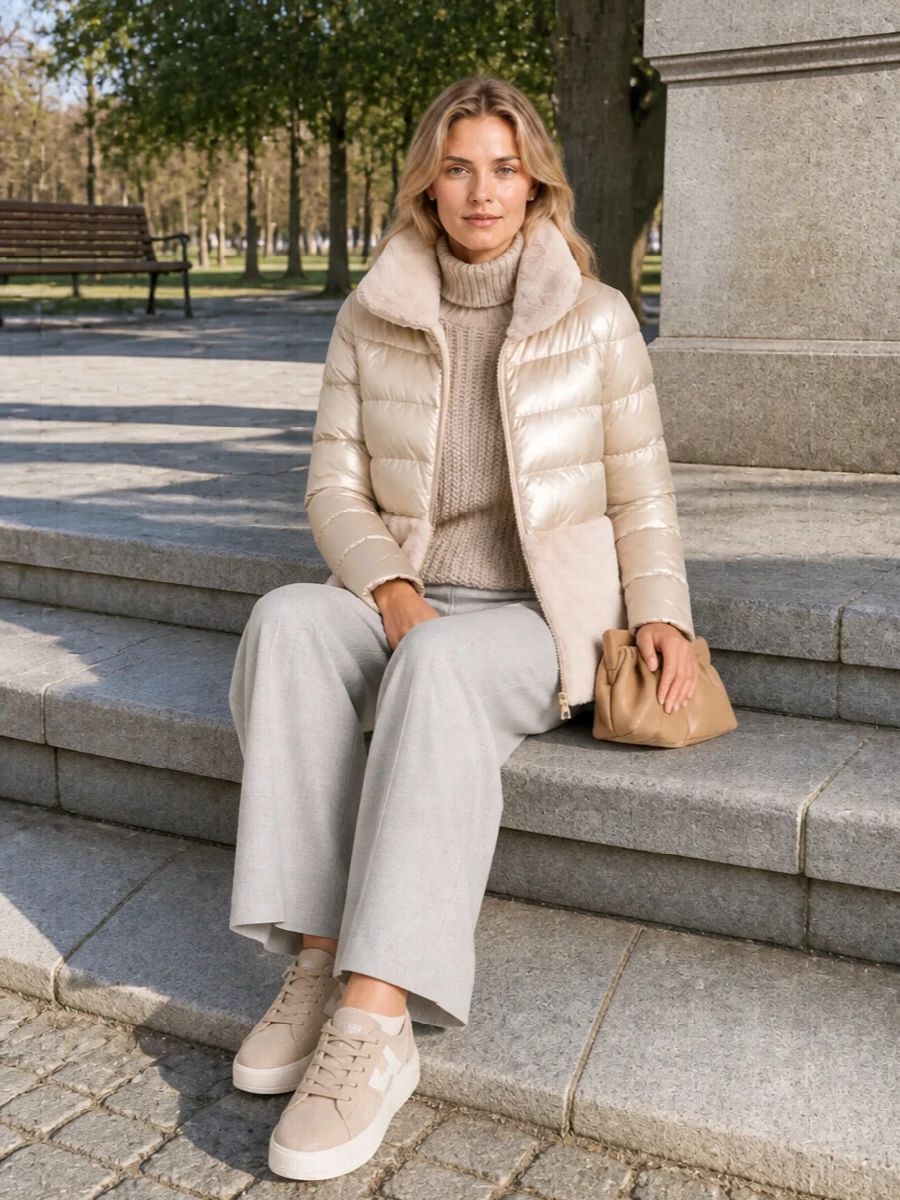 Herno puffer wide leg trousers beige sneakers