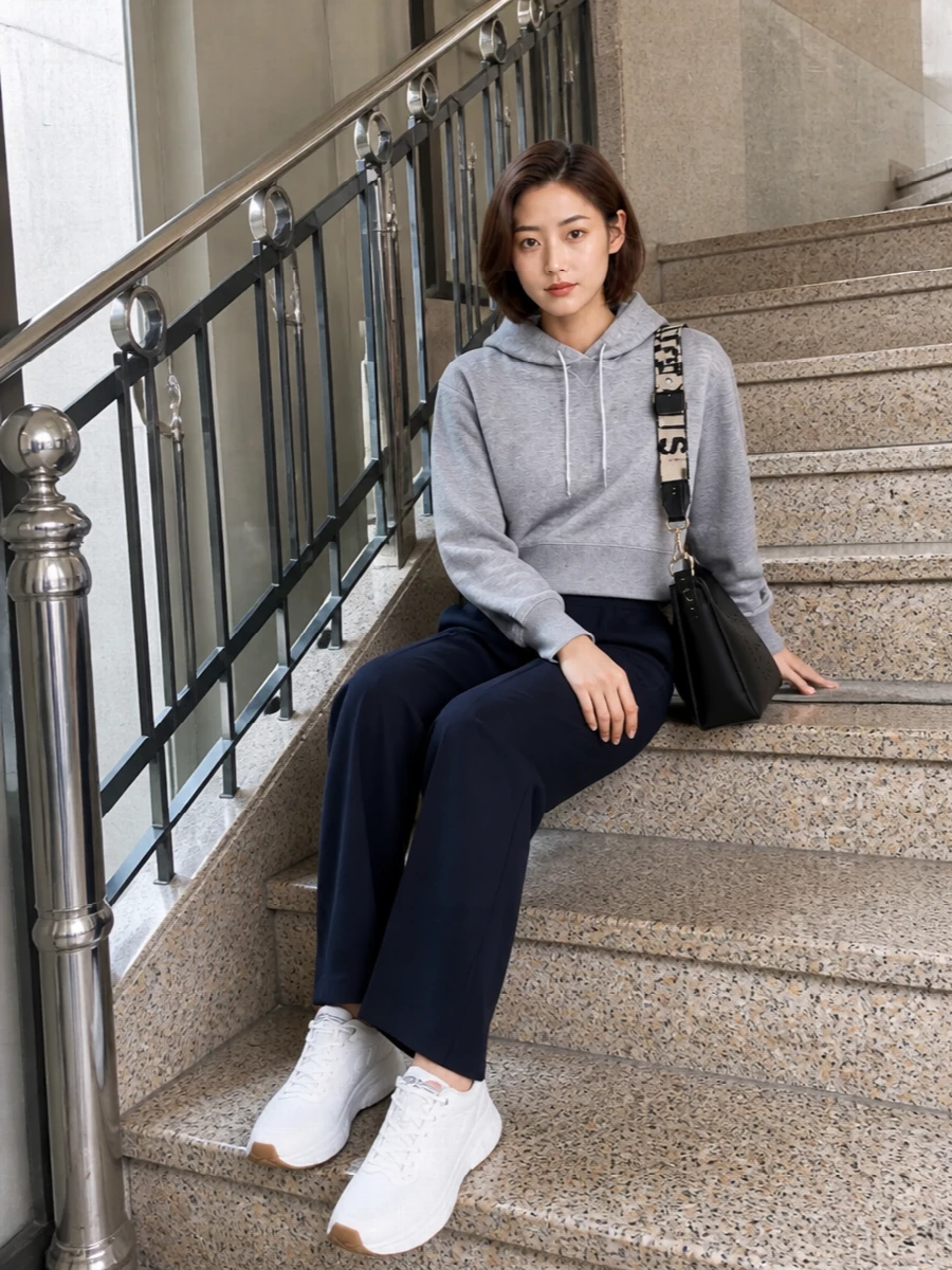 Ink-navy track pants with a cropped grey hoodie create a clean, sport-driven base that feels relaxed but considered. Soft-white knit sneakers keep the line light and technical, while the structured black cross-body adds just enough city polish. It is a quietly branded, modern off-duty set that works from morning errands to an easy airport run.