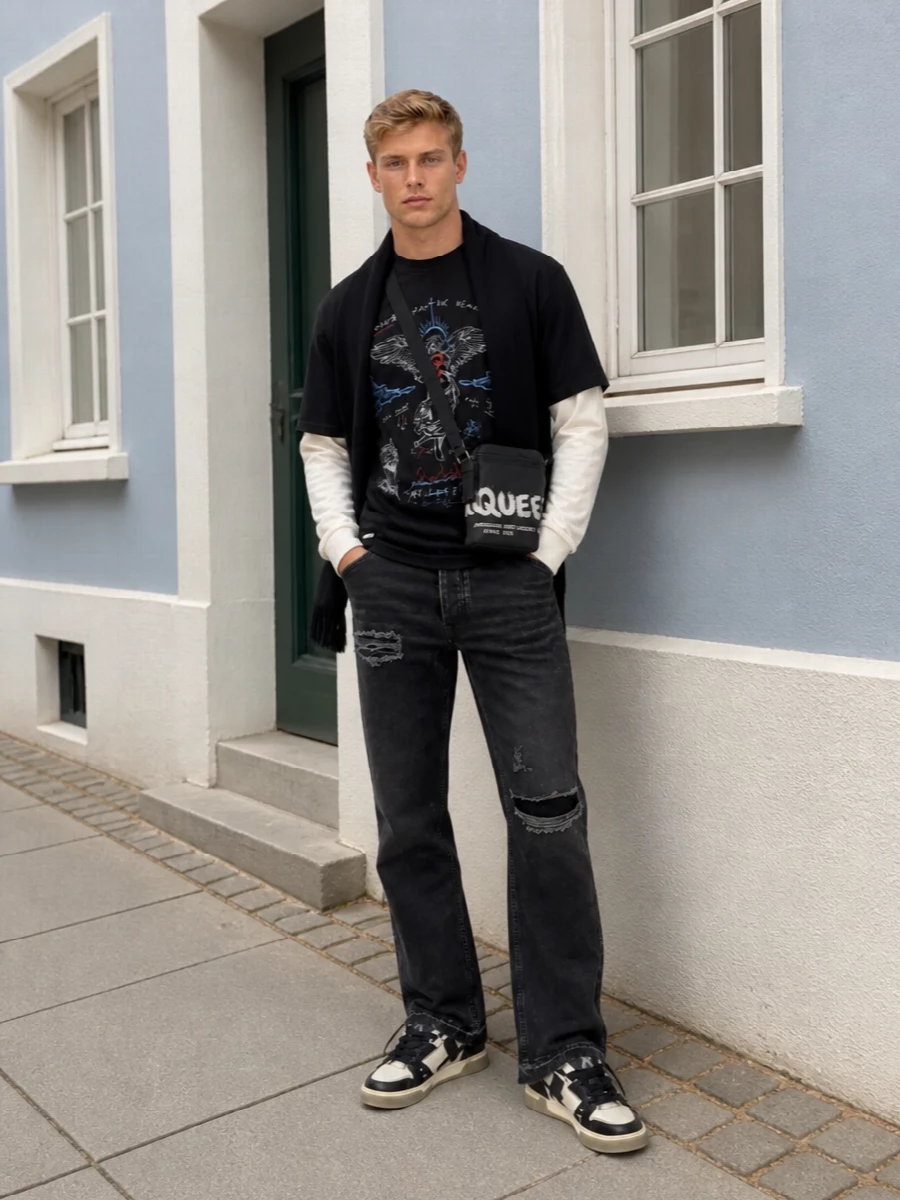 Represent layered tee black flared jeans sneakers