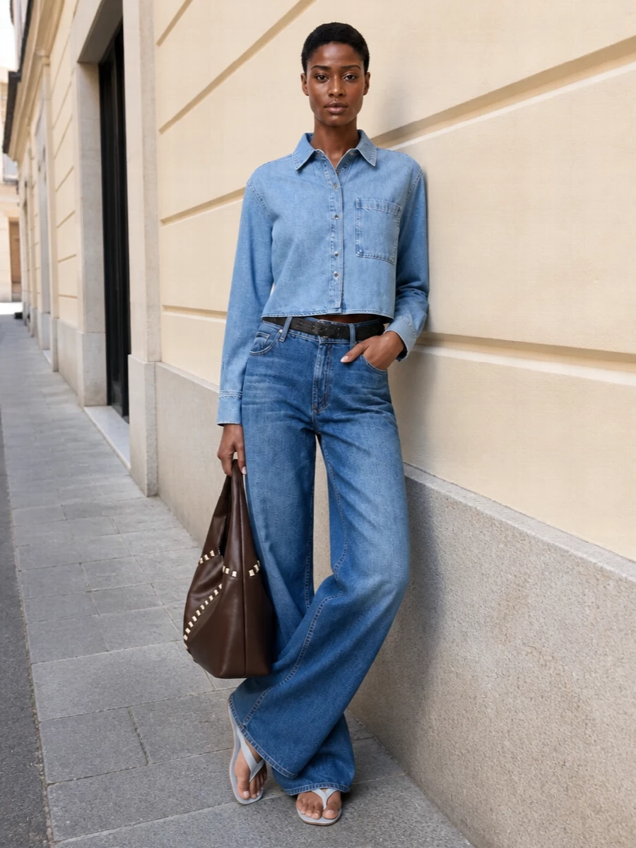 Relaxed wide-leg denim meets a cropped, softly structured shirt in a light-on-light palette that feels easy but intentional. Barely-there pale-blue sandals keep the volume grounded without heaviness, while a deep chocolate hobo and a minimal nude-black belt anchor the blues with subtle structure and warmth. The result is a calm, modern double-denim outfit that works from city errands to low-key dinners in warm weather.