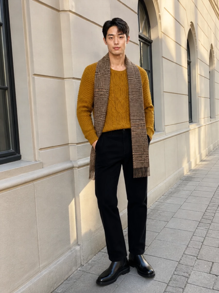 Saint laurent mustard sweater black corduroy pants