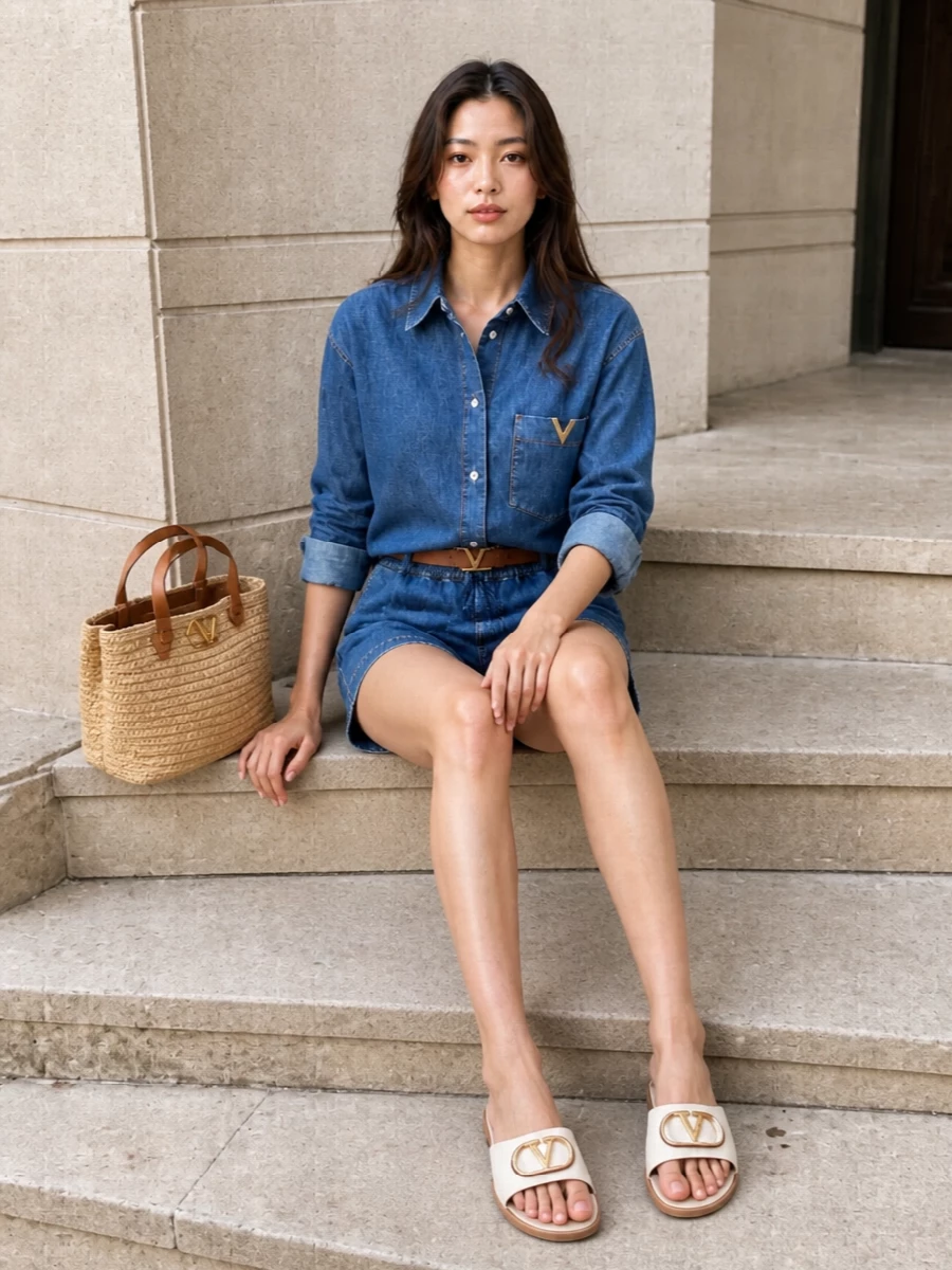 A relaxed Valentino double-denim pairing is softened with ivory and tan accessories for a quietly polished warm-weather uniform. The loose shirt and easy shorts echo each other in wash and weight, then are cinched with a slim belt for just enough shape. Raffia textures and flat slides keep the mood sunlit and modern while staying luxuriously understated.