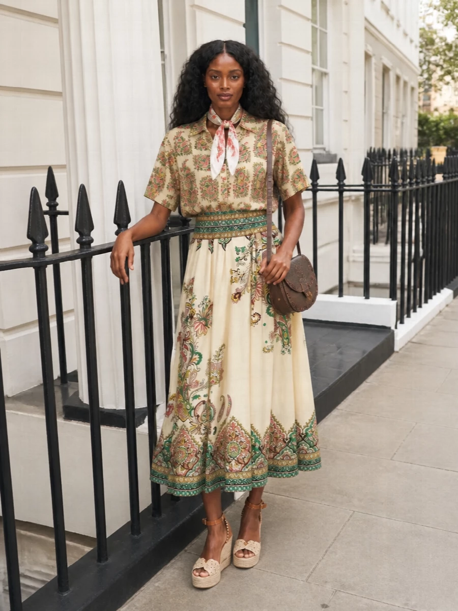 Etro paisley midi skirt outfit wedges