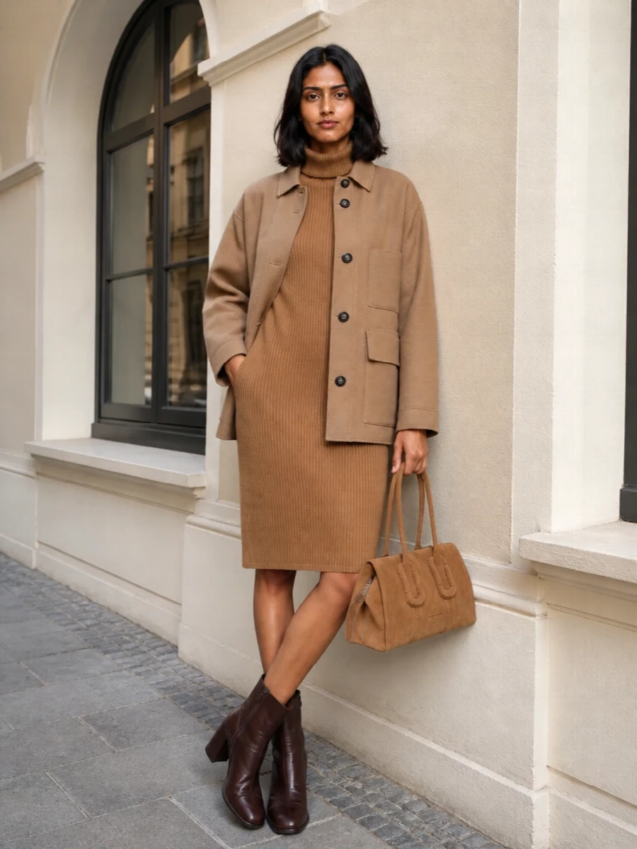 Max mara camel jacket knit dress ankle boots