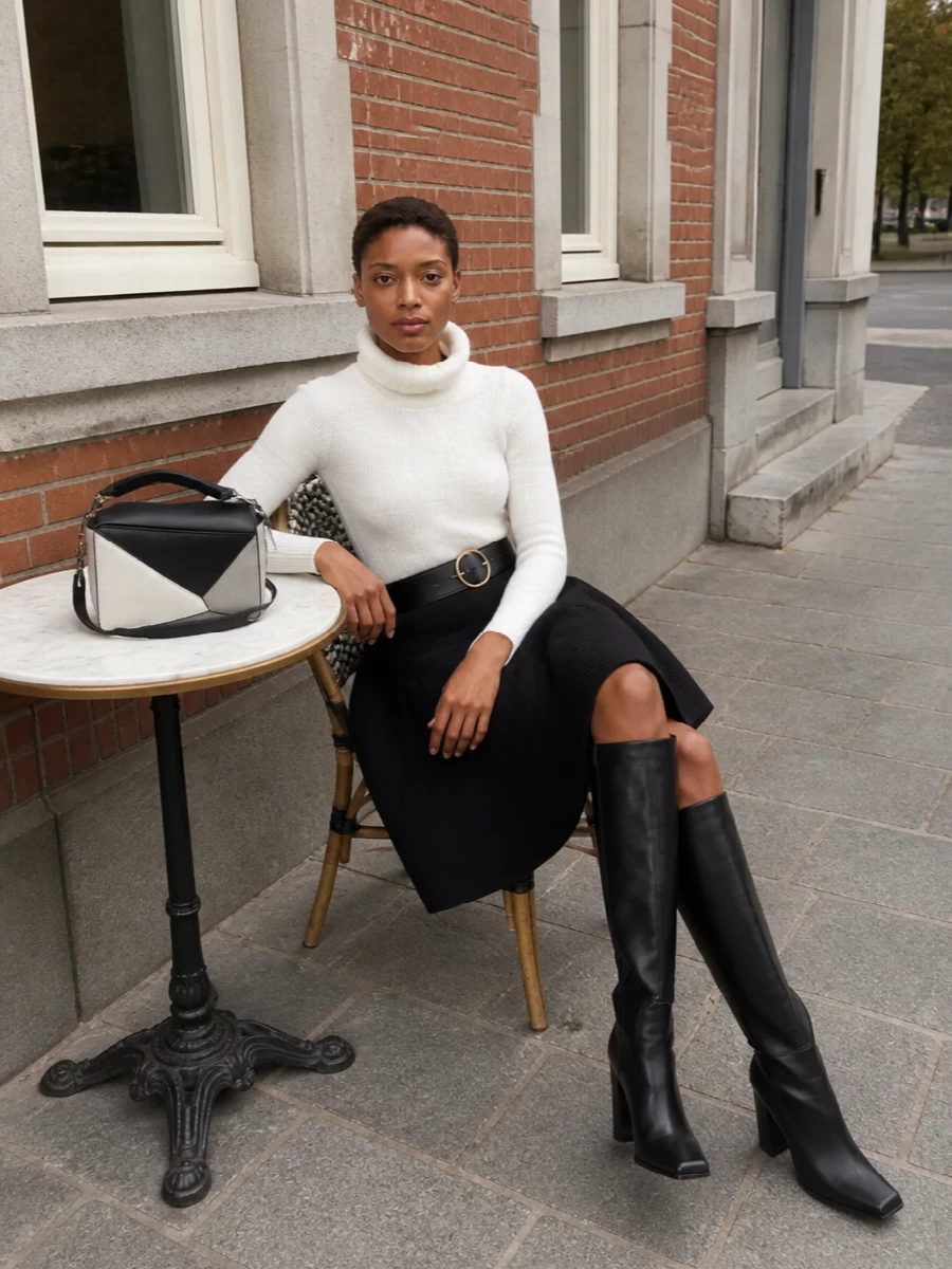 This look builds a pure black‑and‑white Alaïa silhouette: the cropped optic‑white turtleneck paired with the high‑waisted flared black knit skirt for a clean, hourglass line. Sculptural knee‑high boots anchor the volume, while the wide black belt and geometric Loewe bag introduce quiet structure and graphic contrast without disturbing the minimalist, quiet‑luxury mood.