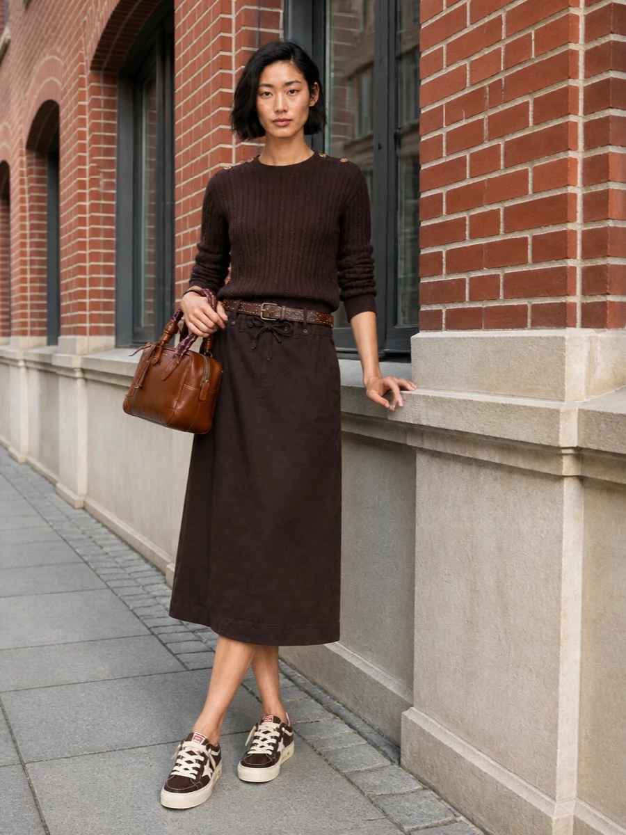 Golden goose brown midi skirt cable knit outfit