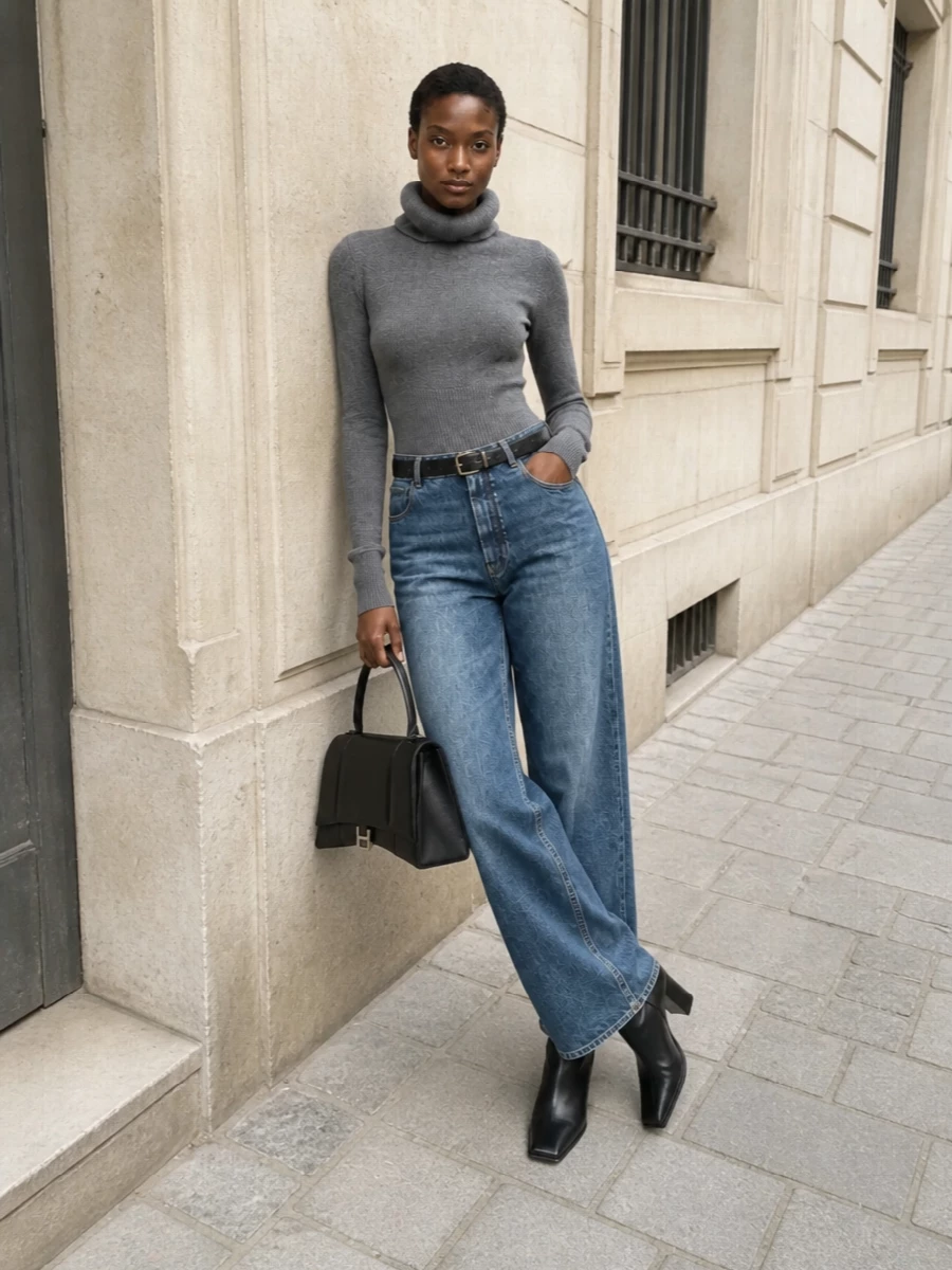 Alaia wide leg jeans turtleneck outfit