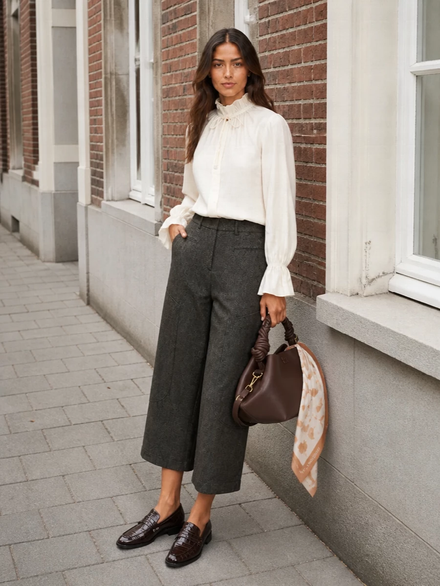 Ganni blouse wide leg trousers loafers outfit