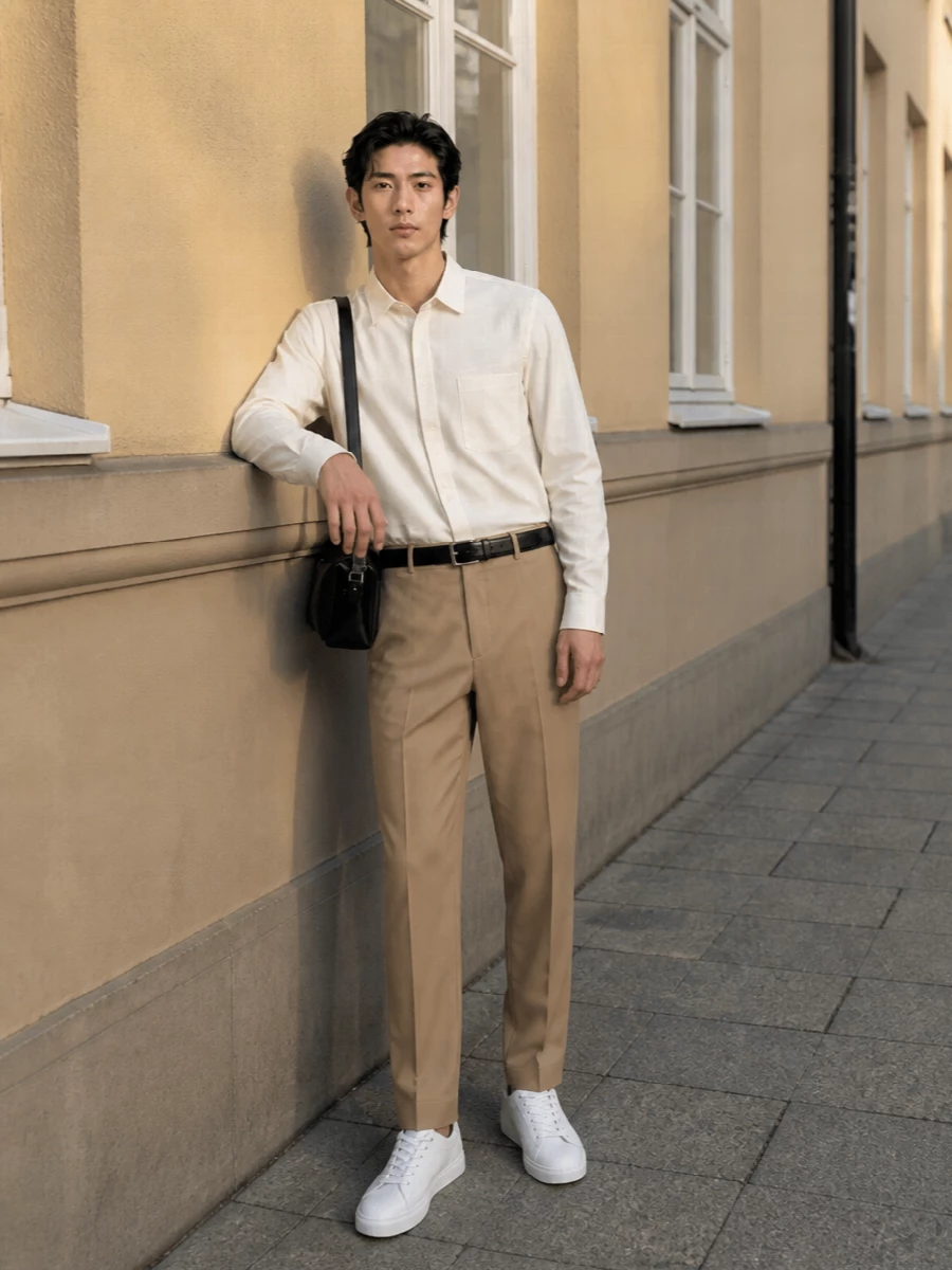 Givenchy ivory shirt camel trousers white sneakers