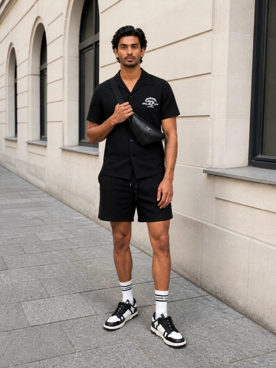 Amiri black mesh shorts camp shirt sneakers
