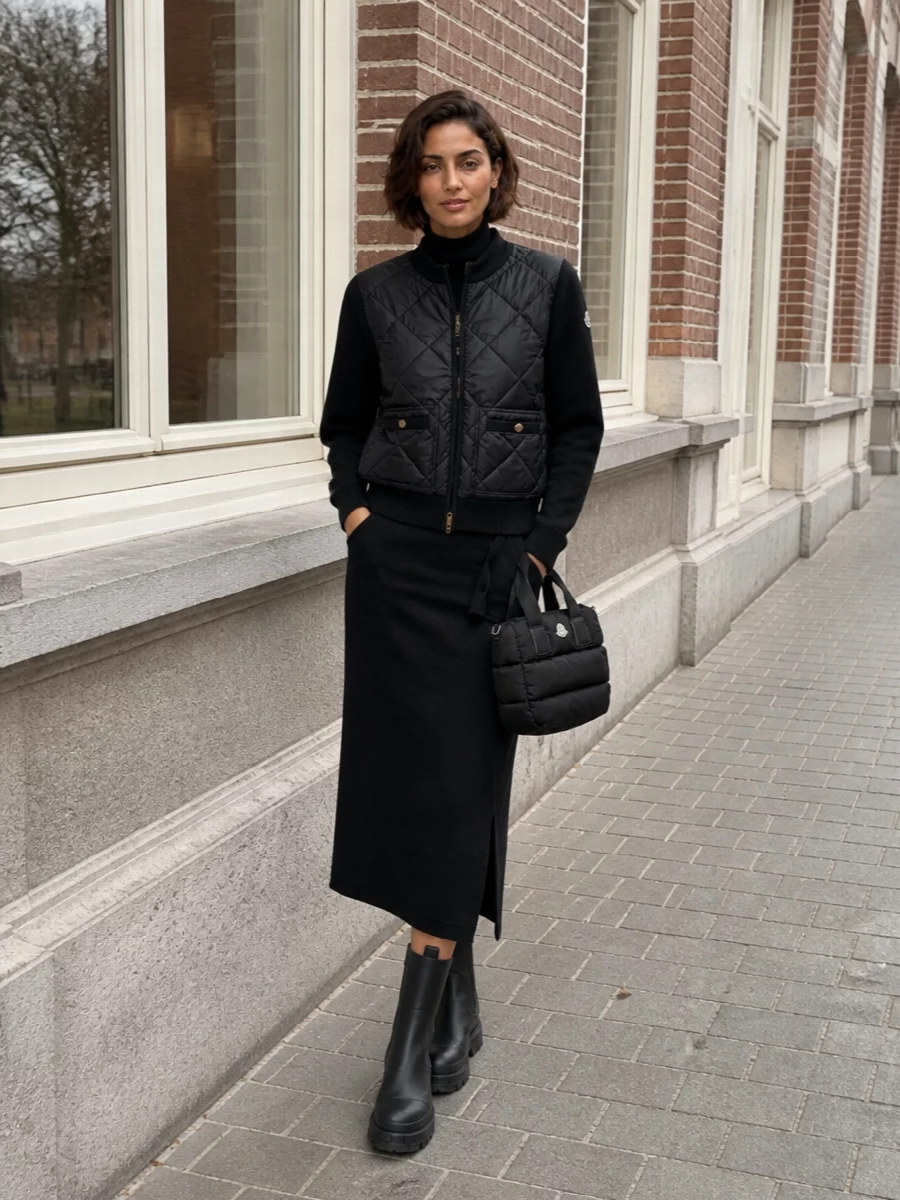 Moncler bomber black knit midi dress boots