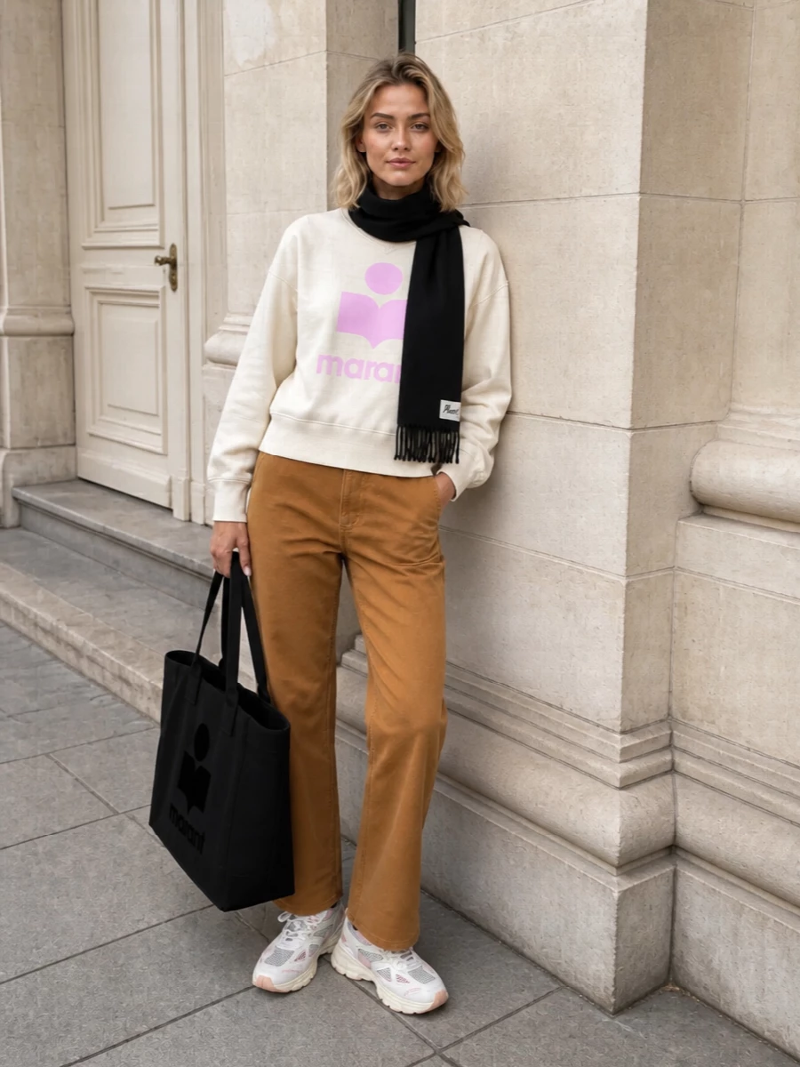 Isabel marant sweatshirt caramel trousers outfit