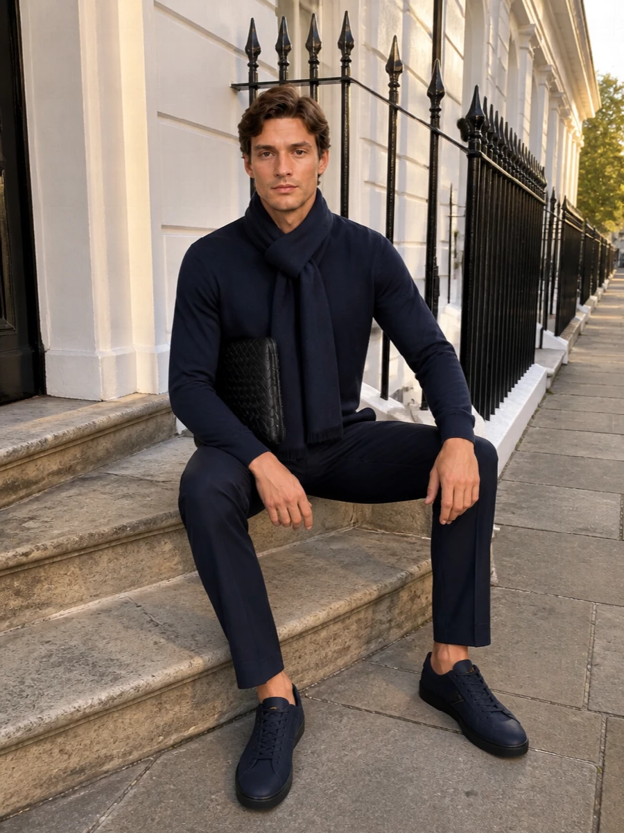 Brioni navy sweater prada tailored trousers outfit
