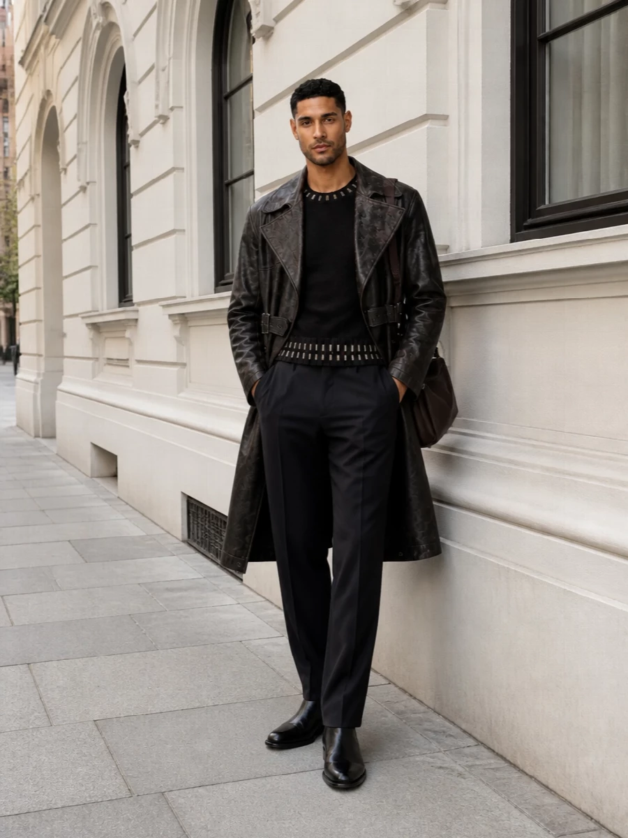 Fendi leather trench black chelsea boots outfit