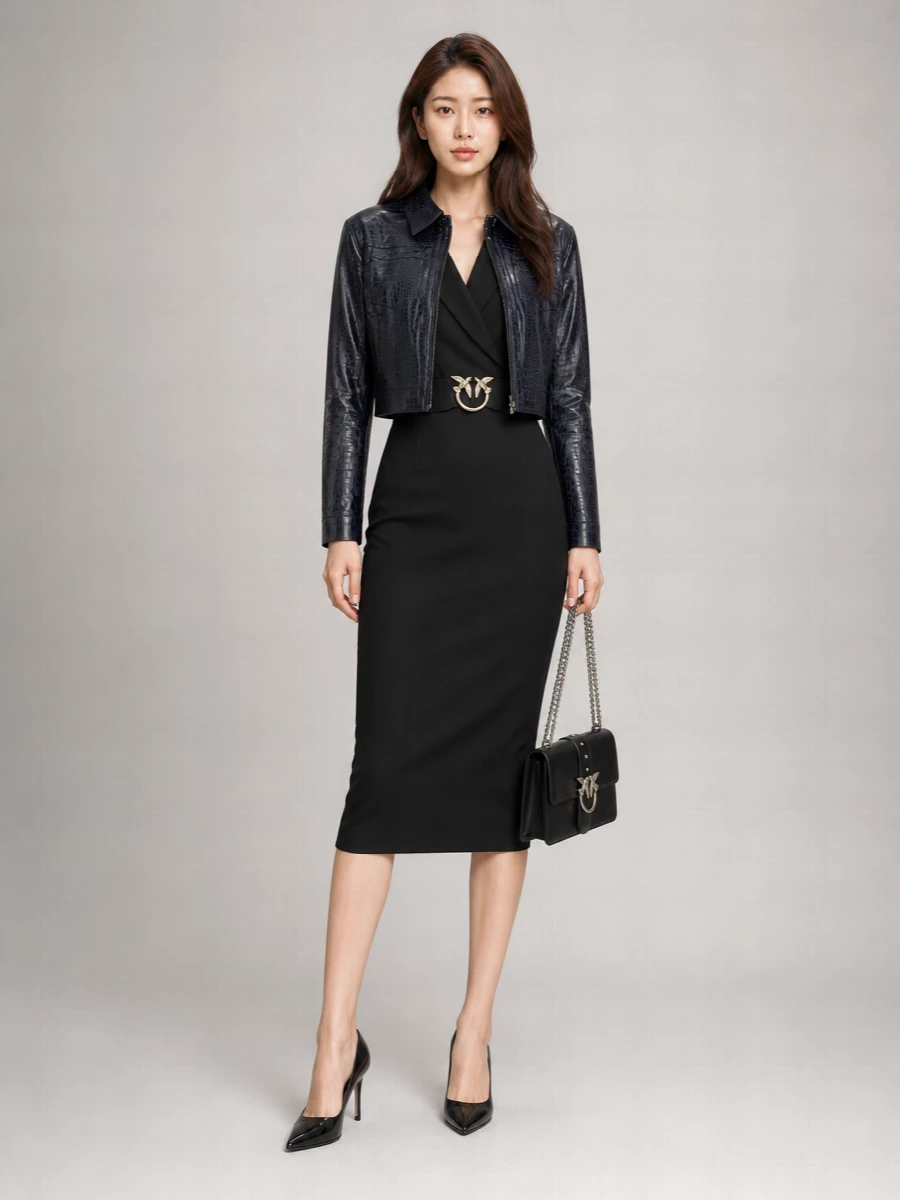 Pinko Crocodile Effect Cropped Single Breasted Coat