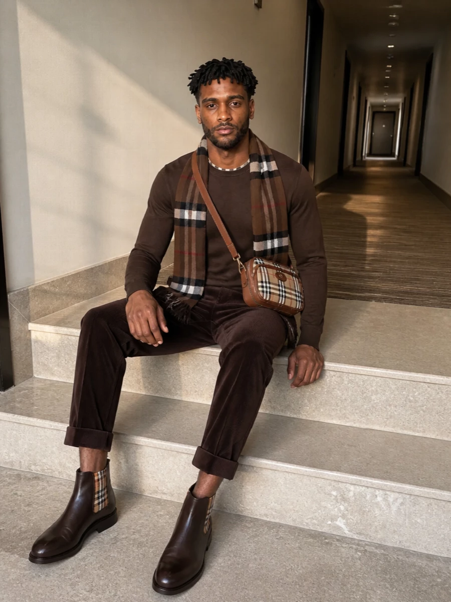 Burberry brown sweater corduroy trouser outfit