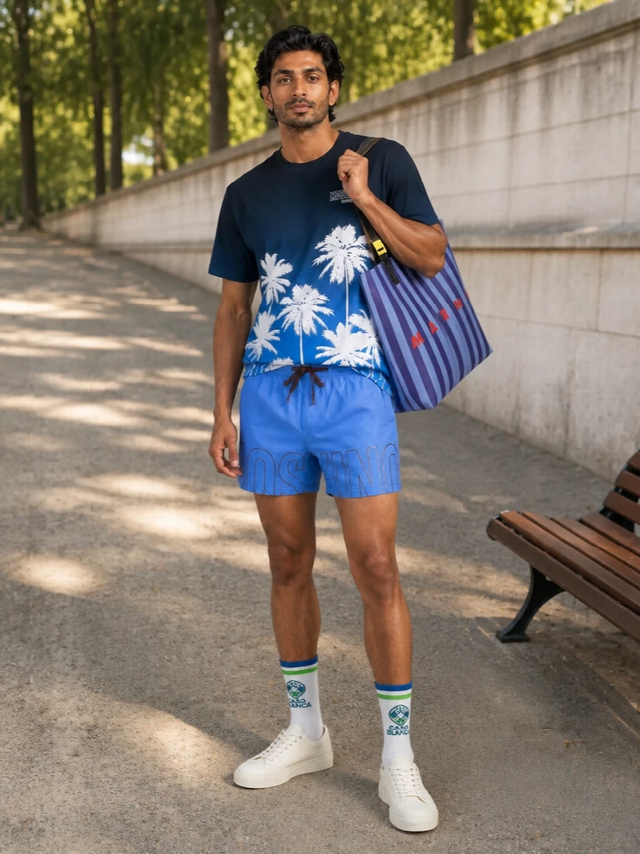 Moschino blue swim shorts outfit marni tote