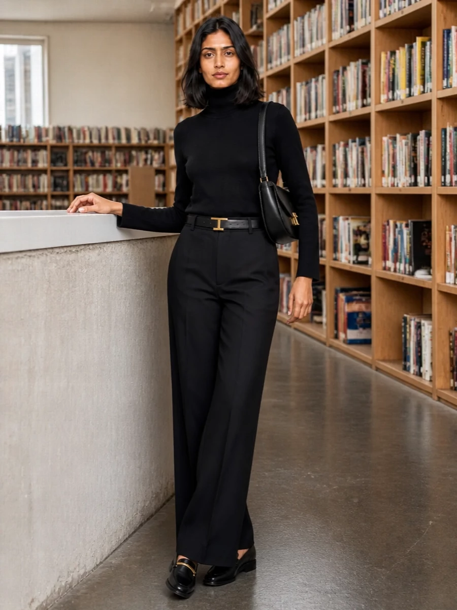 A deep black column of tailoring, anchored by a sculpted turtleneck, gives these wide-leg trousers a precise, elongated line. A sharp black loafer and structured shoulder bag keep the mood polished but unfussy, while a slim belt quietly defines the high waist. It is a clean, city-ready outfit that moves easily from office to late dinner without a change of clothes.