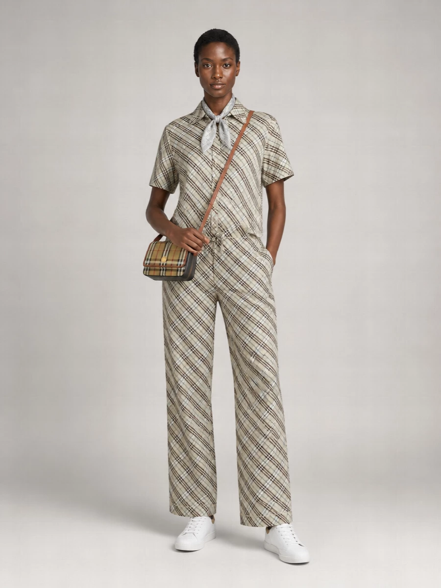 A study in modern Burberry check, this pairing leans into pattern-on-pattern with a calm, neutral palette so it feels intentional rather than busy. The wide-leg trouser anchors the silhouette, while the neat, short-sleeve shirt and compact crossbody keep the proportions sharp and easy for city days. Clean white sneakers and a whisper of blue-grey at the neck soften the graphic lines so the result reads relaxed, quietly tailored and very British.